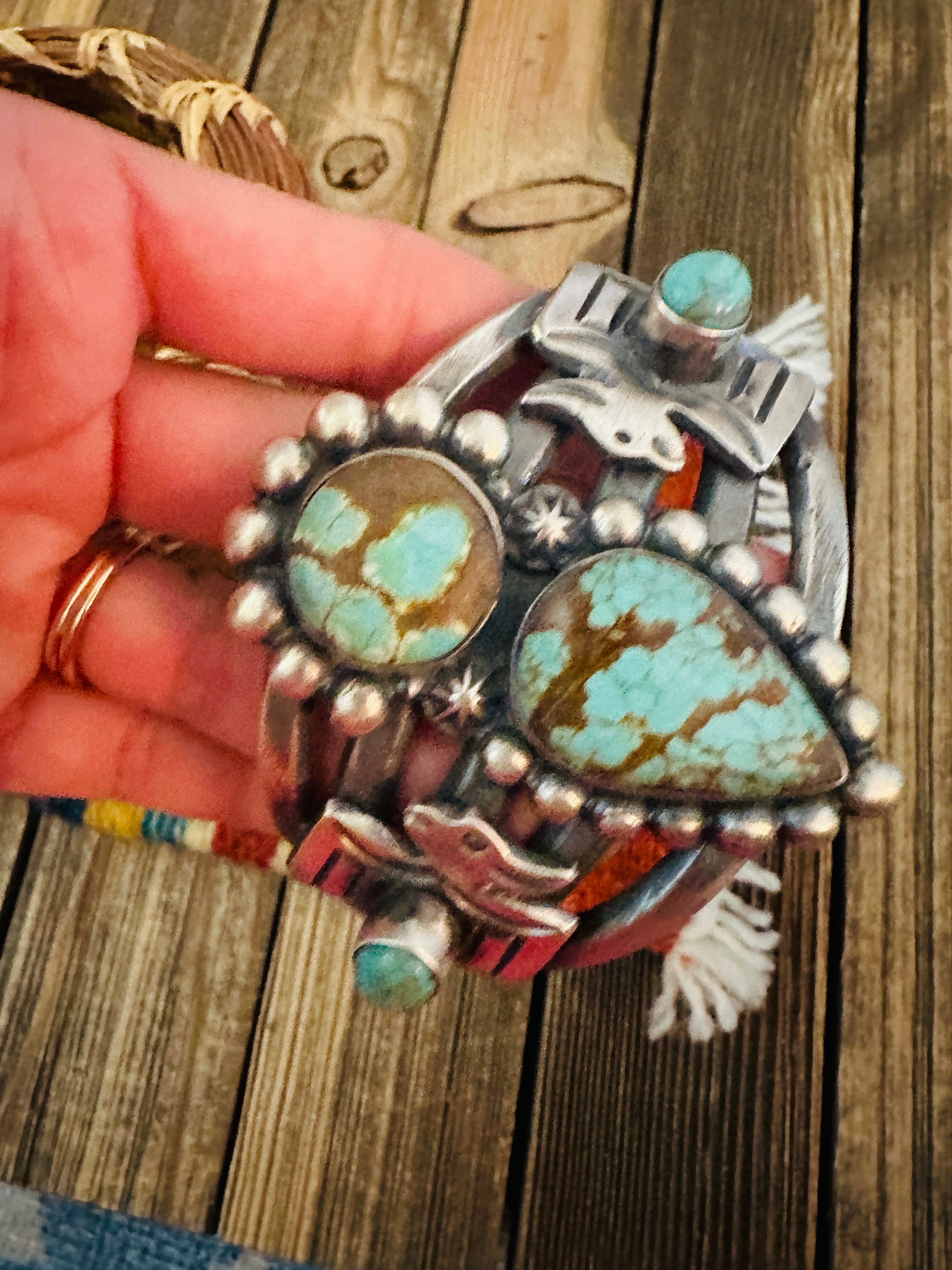 Handcrafted Sterling Silver & Number 8 Turquoise Thunderbird Cuff Bracelet by Chimney Butte