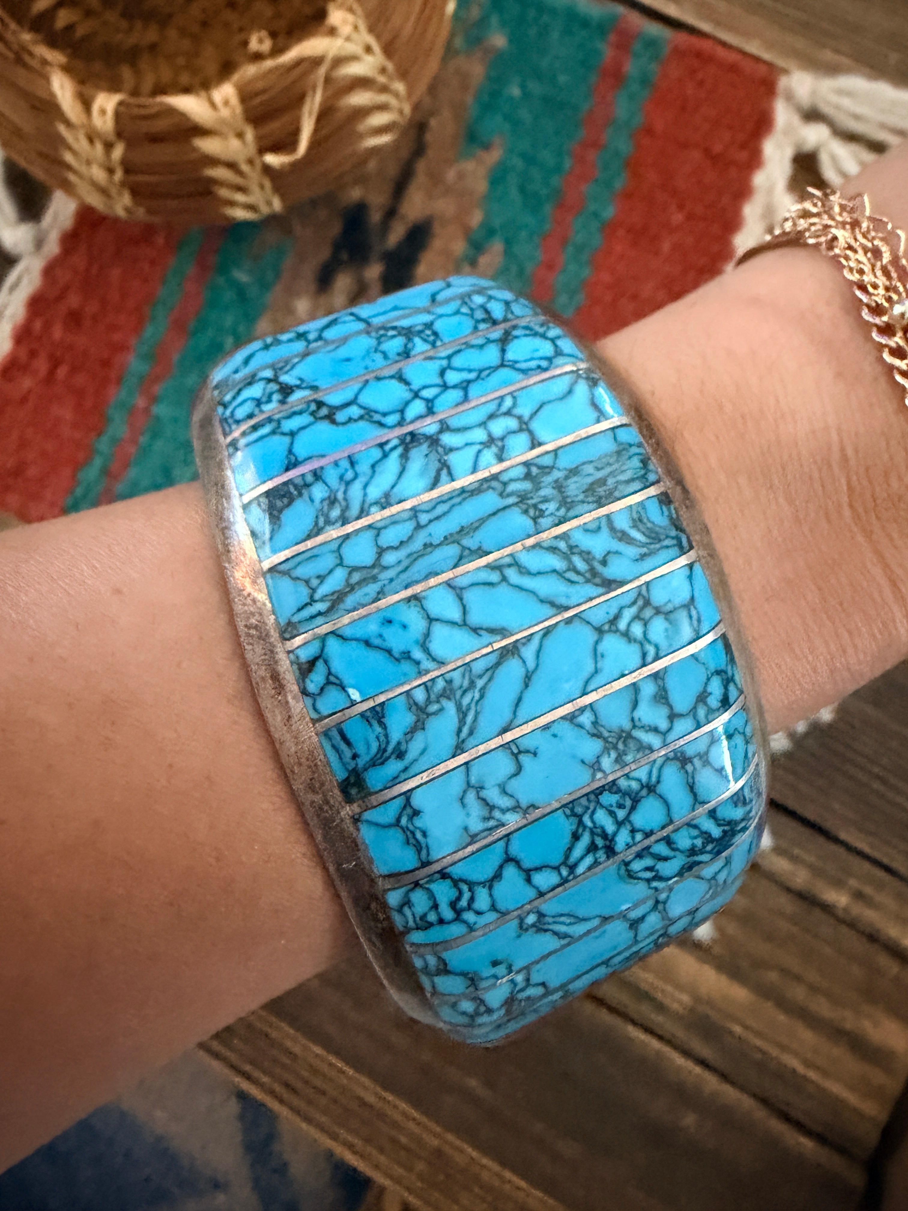 Handcrafted Old Pawn Sterling Silver, Turquoise & Spiny Oyster Inlay Cuff Bracelet