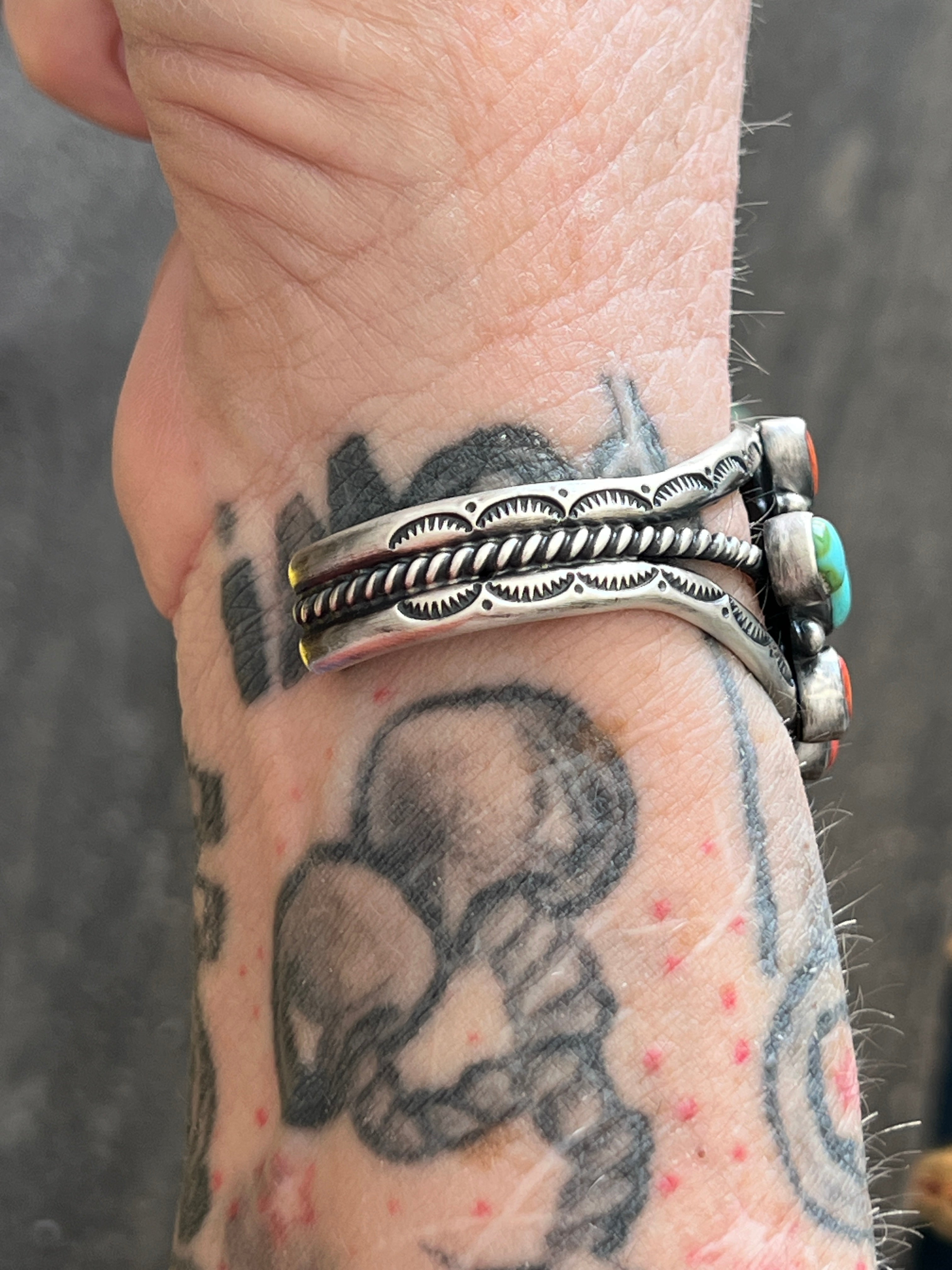 Hand Stamped Sterling Silver, Sonoran Turquoise and Spiny Oyster Shell Cluster Cuff Bracelet by Diane Wylie /