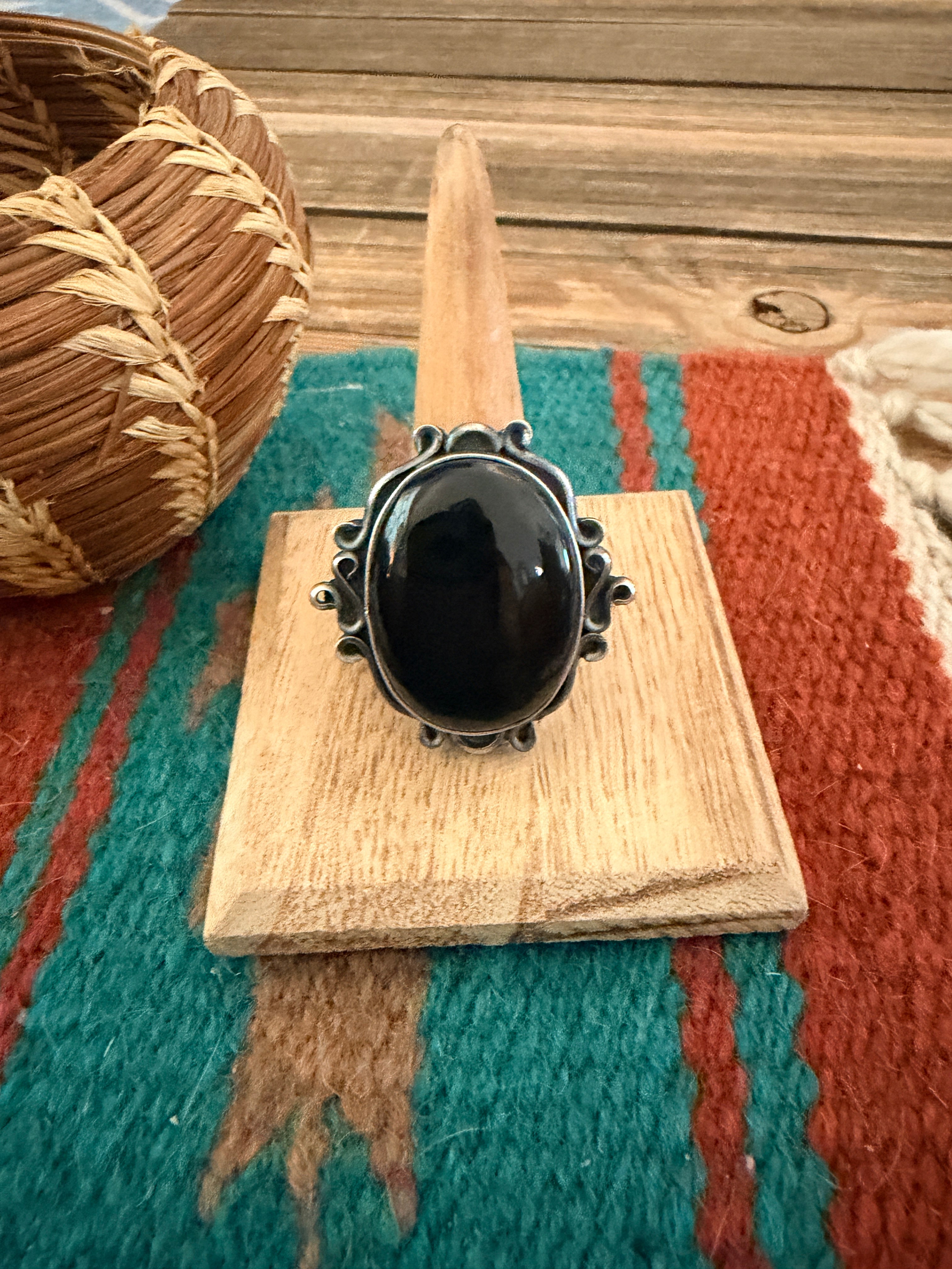 Handcrafted Black Onyx & Sterling Silver Ring Size 9