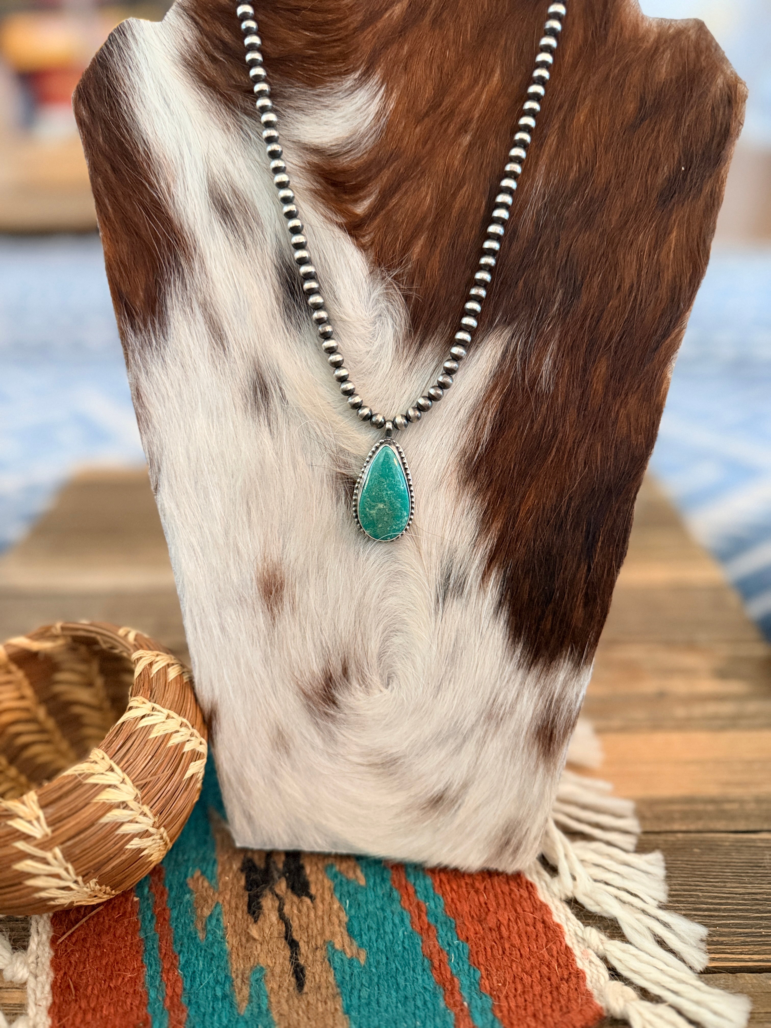 Handcrafted Turquoise & 5mm Sterling Silver Pearl 18” Beaded Necklace