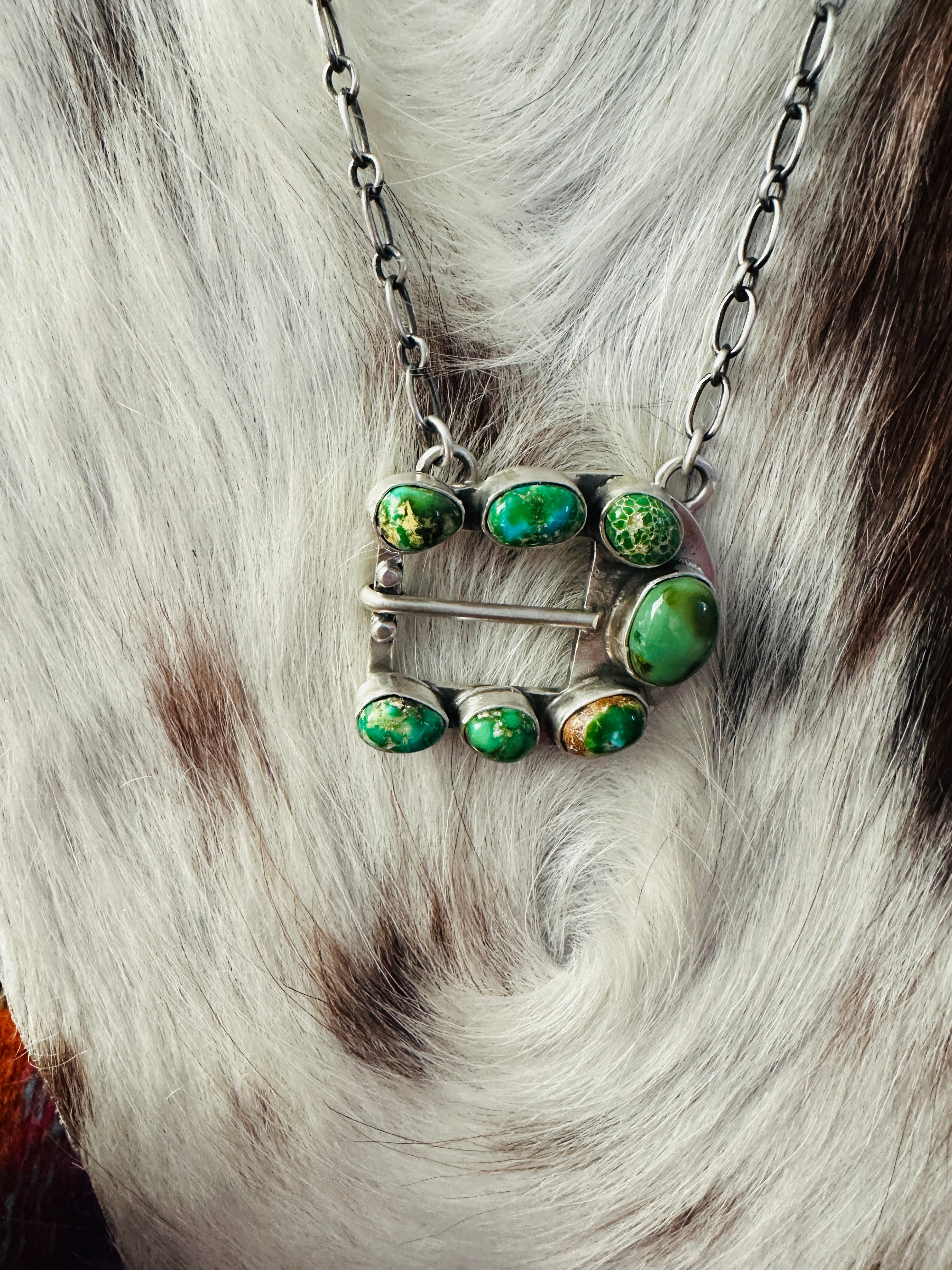 Handcrafted Sonoran Mountain Turquoise & Sterling Silver Belt Buckle Necklace by Russell Sam