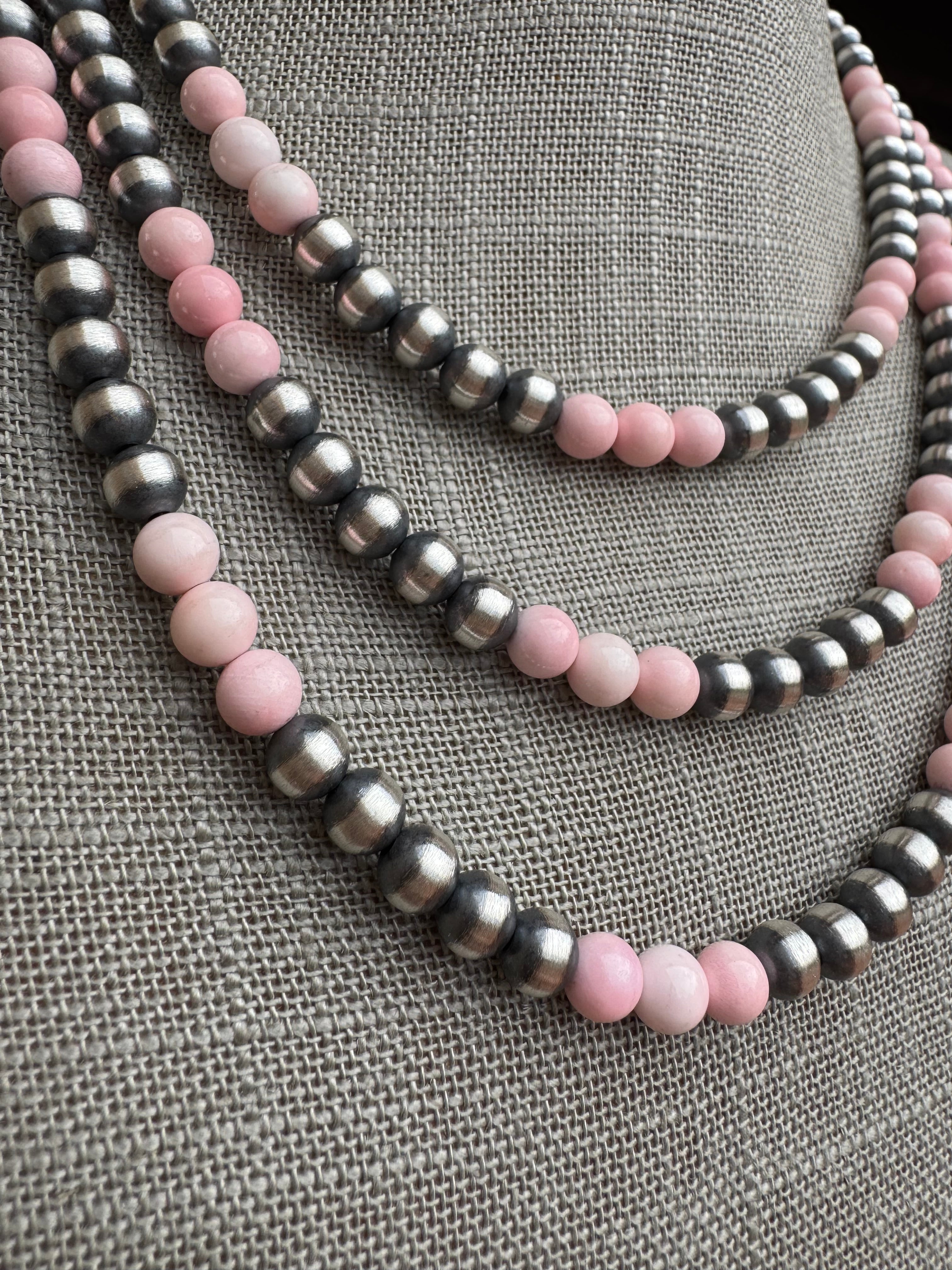 Handcrafted Sterling Silver Pearl & Queen Pink Conch Beaded Necklace 6mm