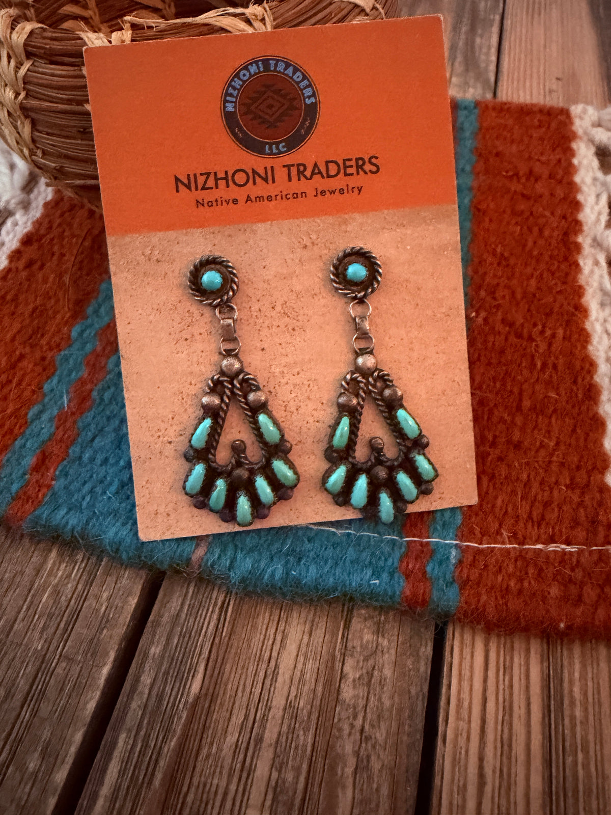 Old Pawn Handcrafted Sterling Silver & Turquoise Needlepoint Dangle Earrings