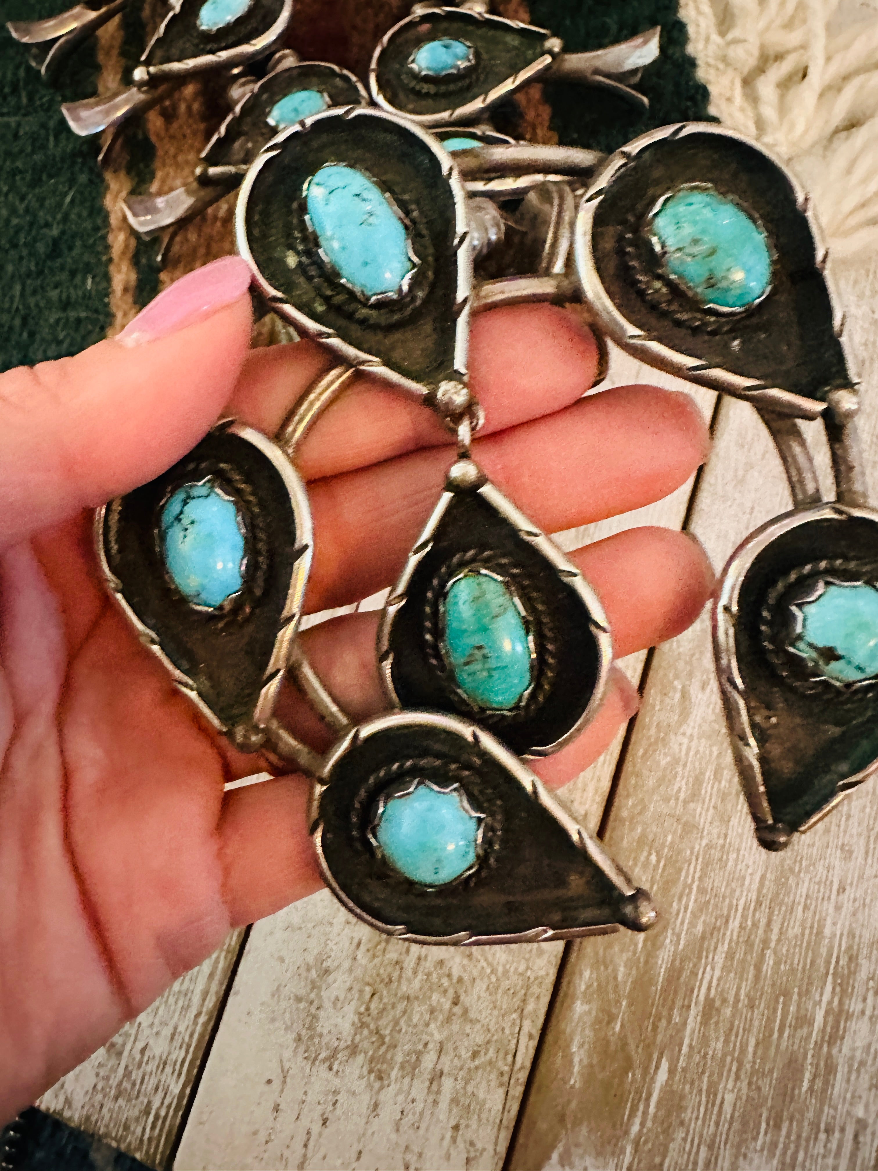 Vintage Old Pawn Turquoise & Sterling Silver Beaded Squash Blossom Necklace