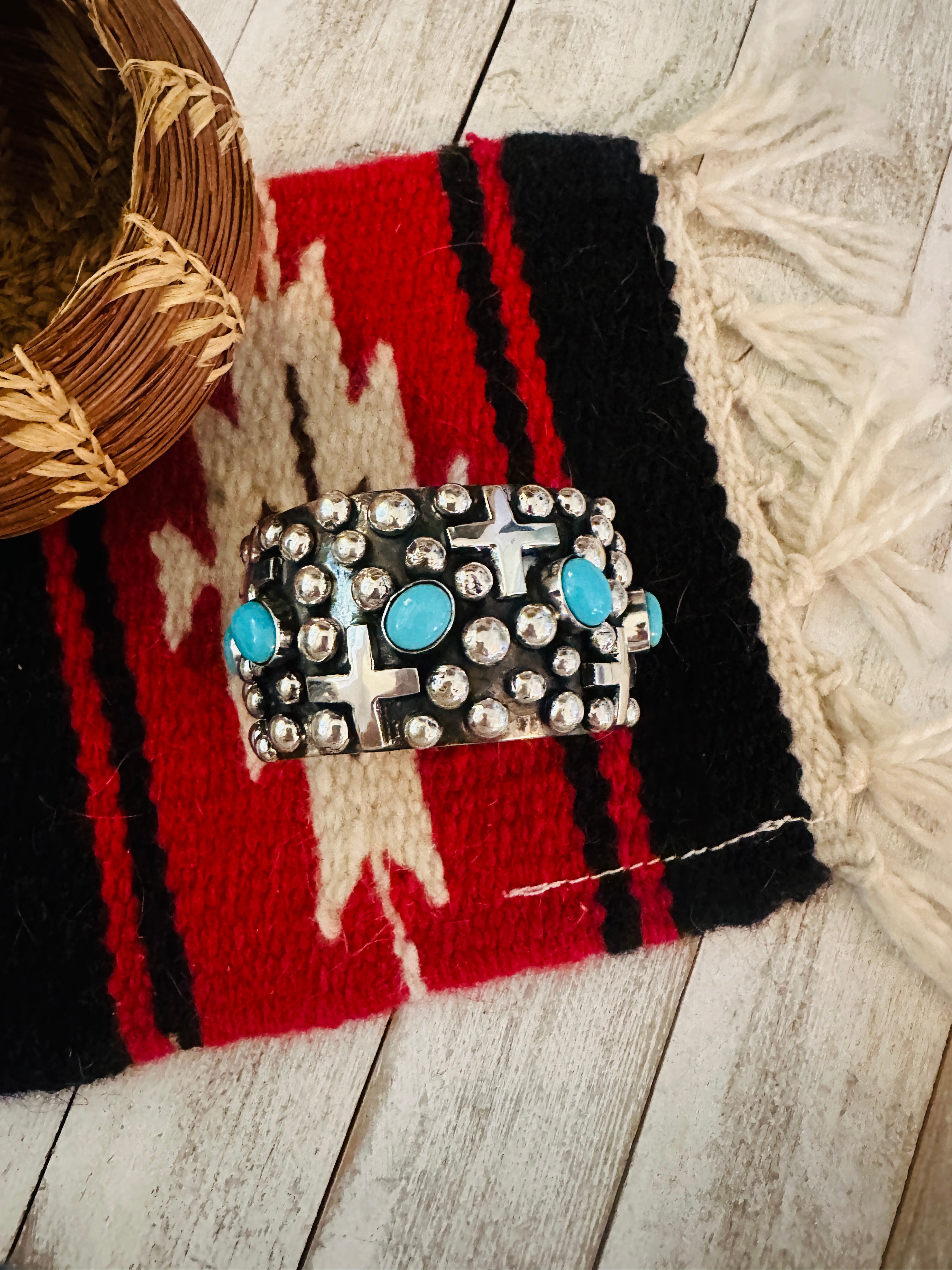 Navajo Turquoise & Sterling Silver Cross Cuff Bracelet By Chimney Butte /