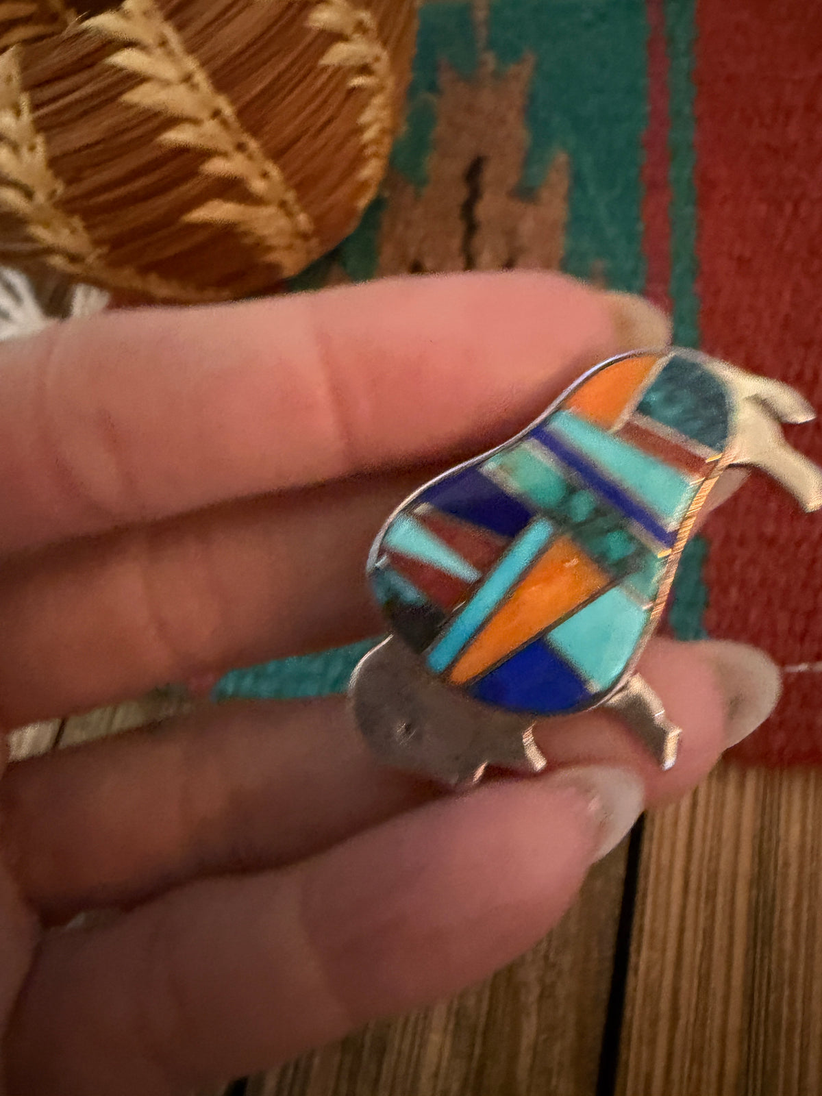 Old Pawn Handcrafted Multi Stone & Sterling Silver Inlay Buffalo Pendant/Brooch