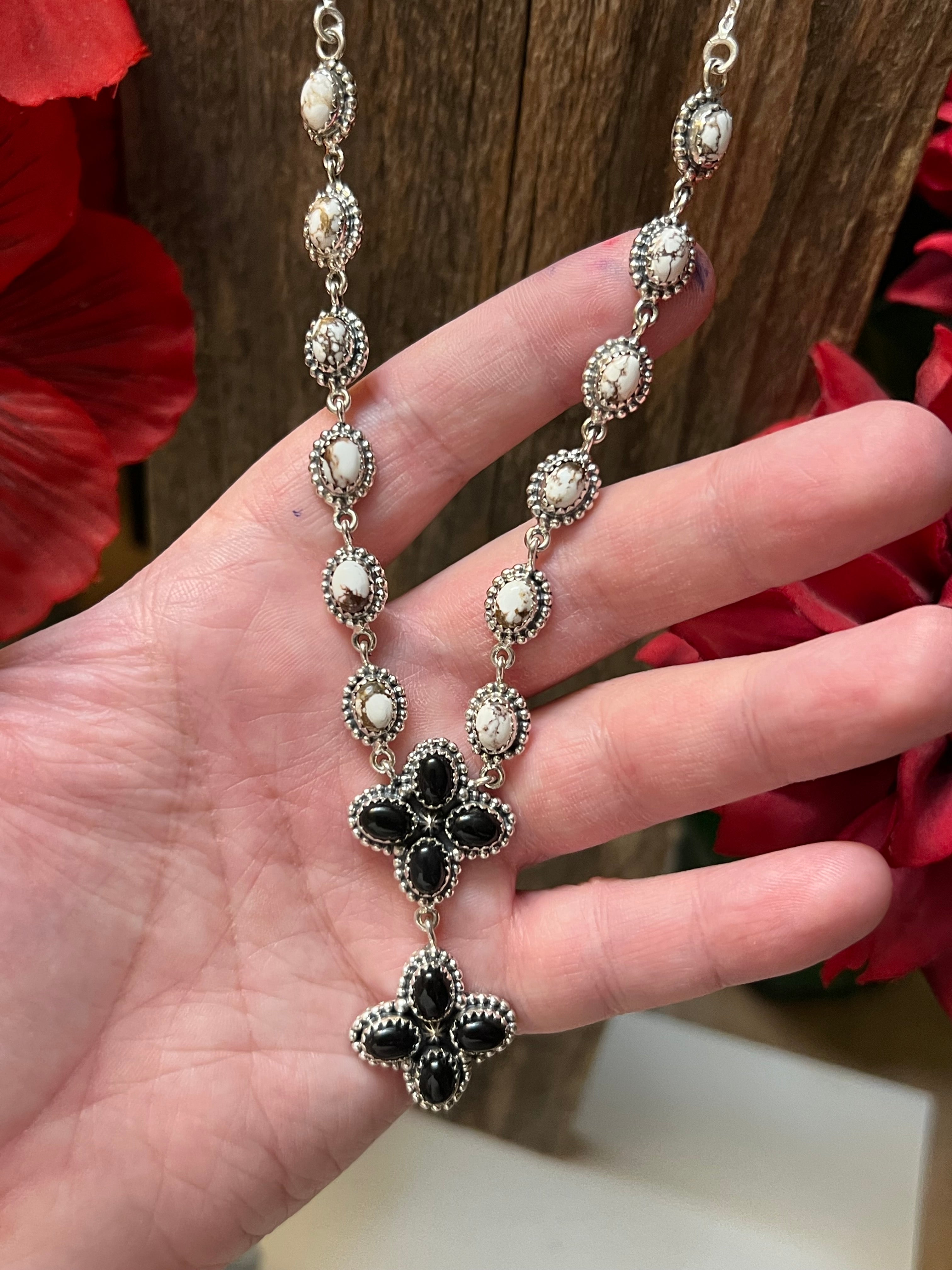 Handmade Sterling Silver, Wild Horse Gemstones & Black Onyx Lariat Necklace