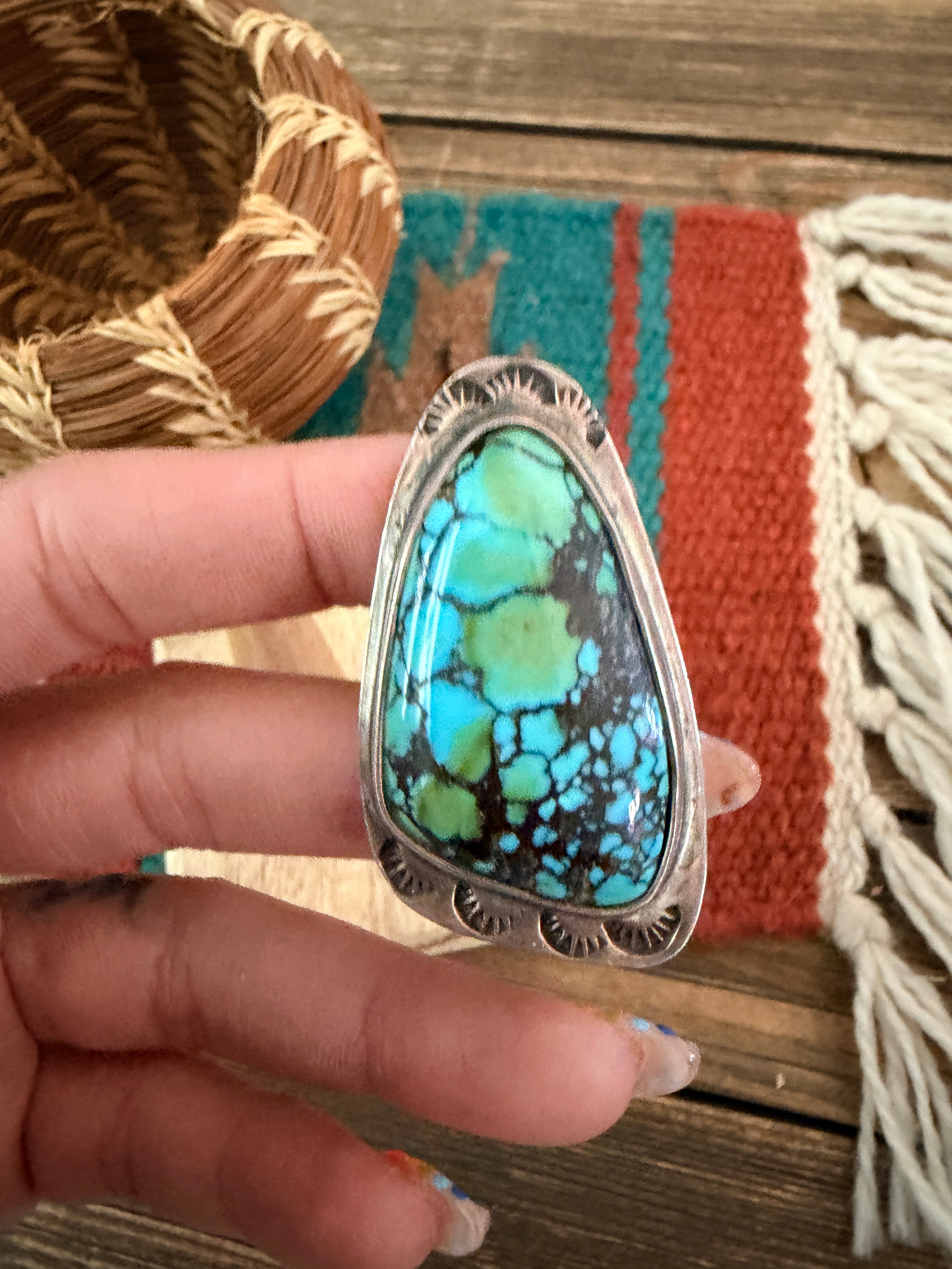 Old Pawn Handcrafted Hubei Turquoise & Sterling Silver Ring Size 10.25