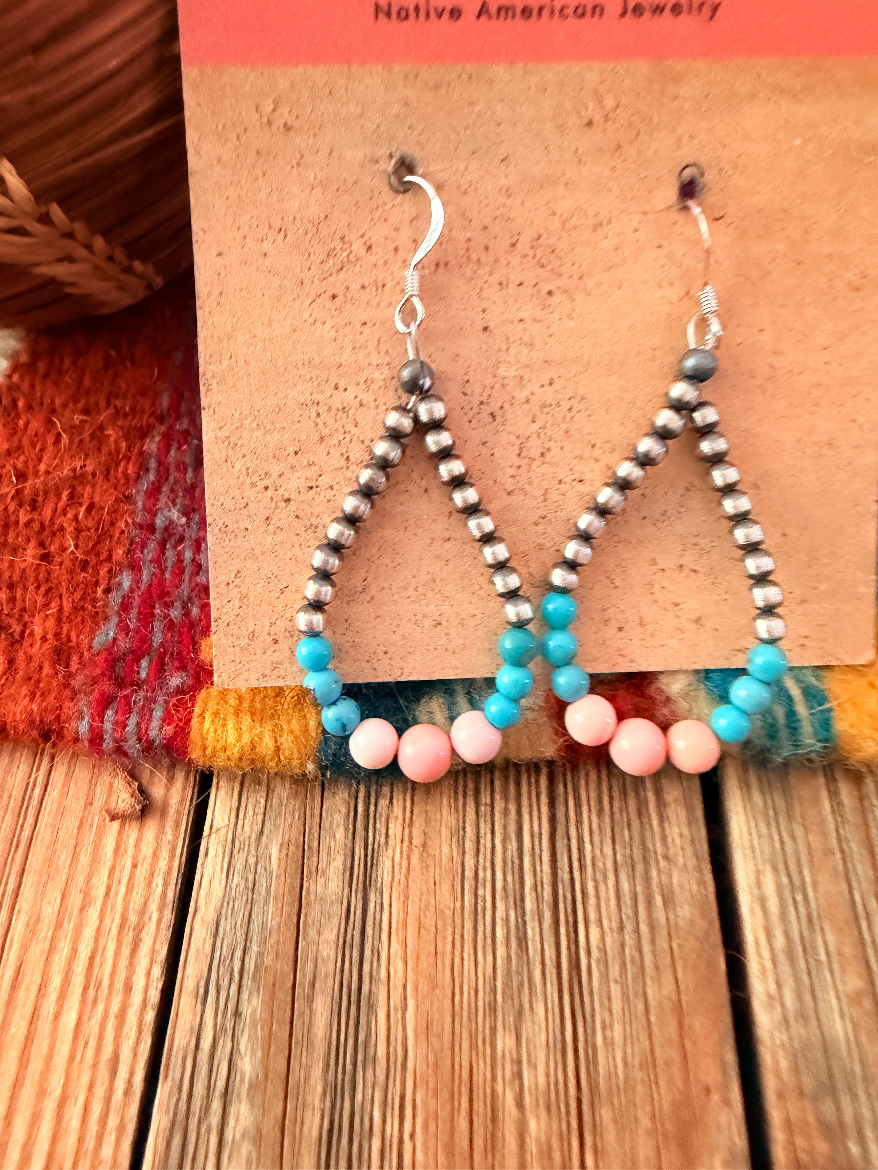 Handcrafted Pink Conch, Turquoise & Sterling Silver Pearl Beaded Dangle Hoop Earrings