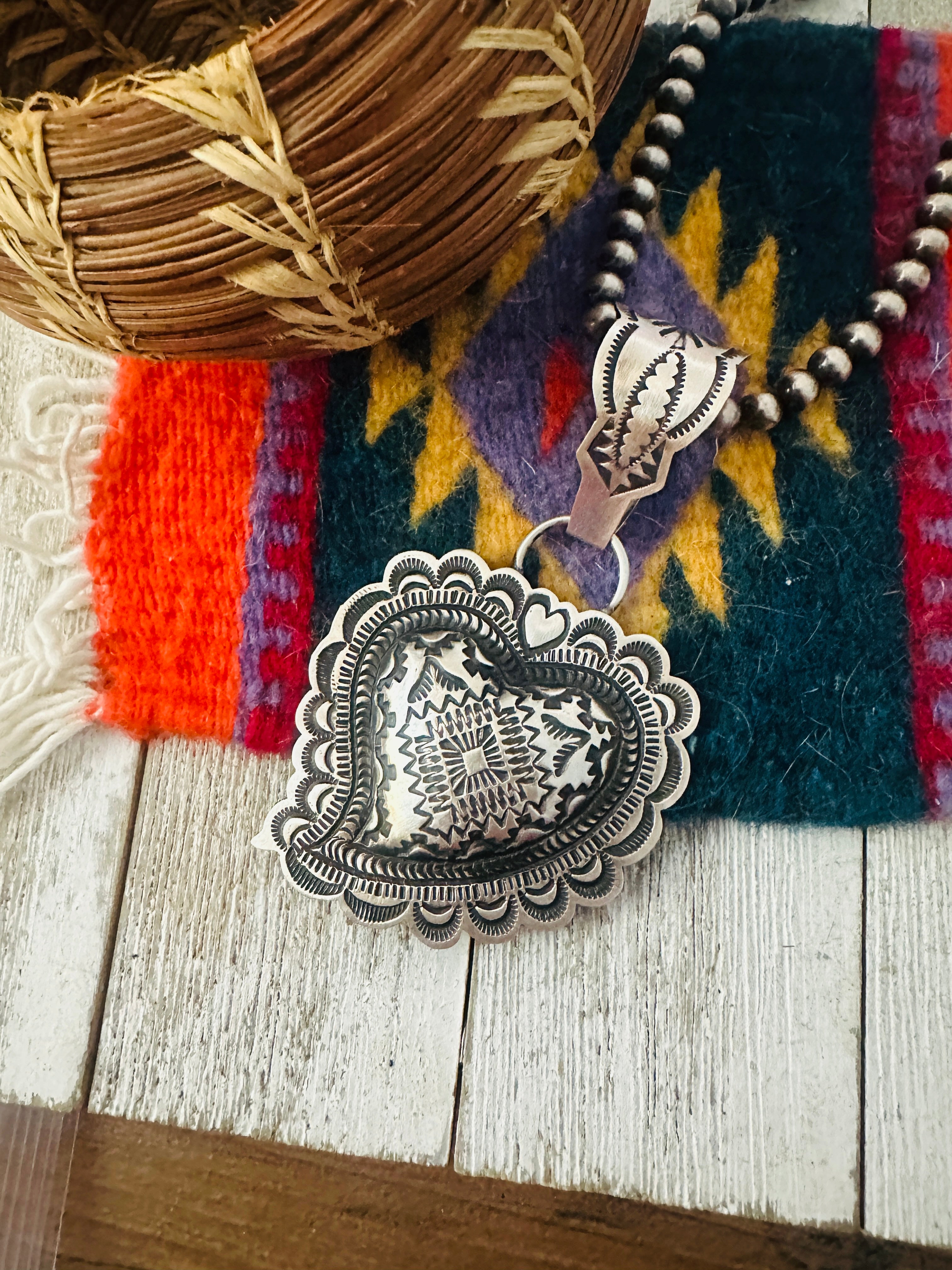 Handcrafted Sterling Silver Heart Concho Pendant by Leander Tahe