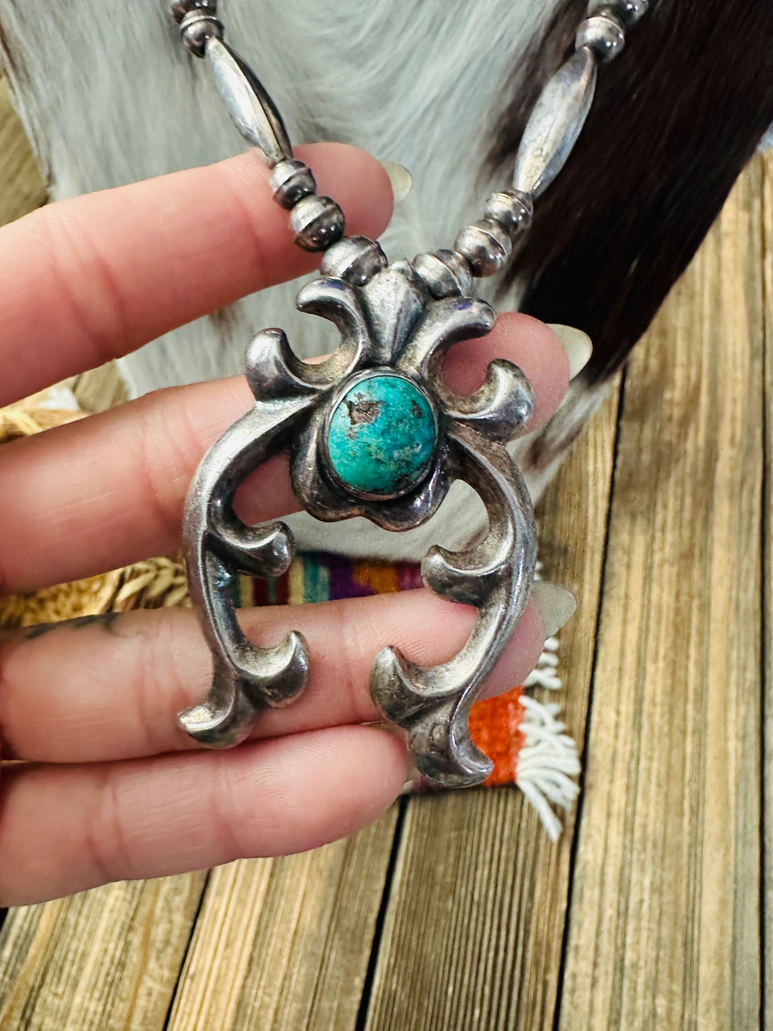 Old Pawn Handcrafted Turquoise & Sterling Silver Beaded Naja Necklace