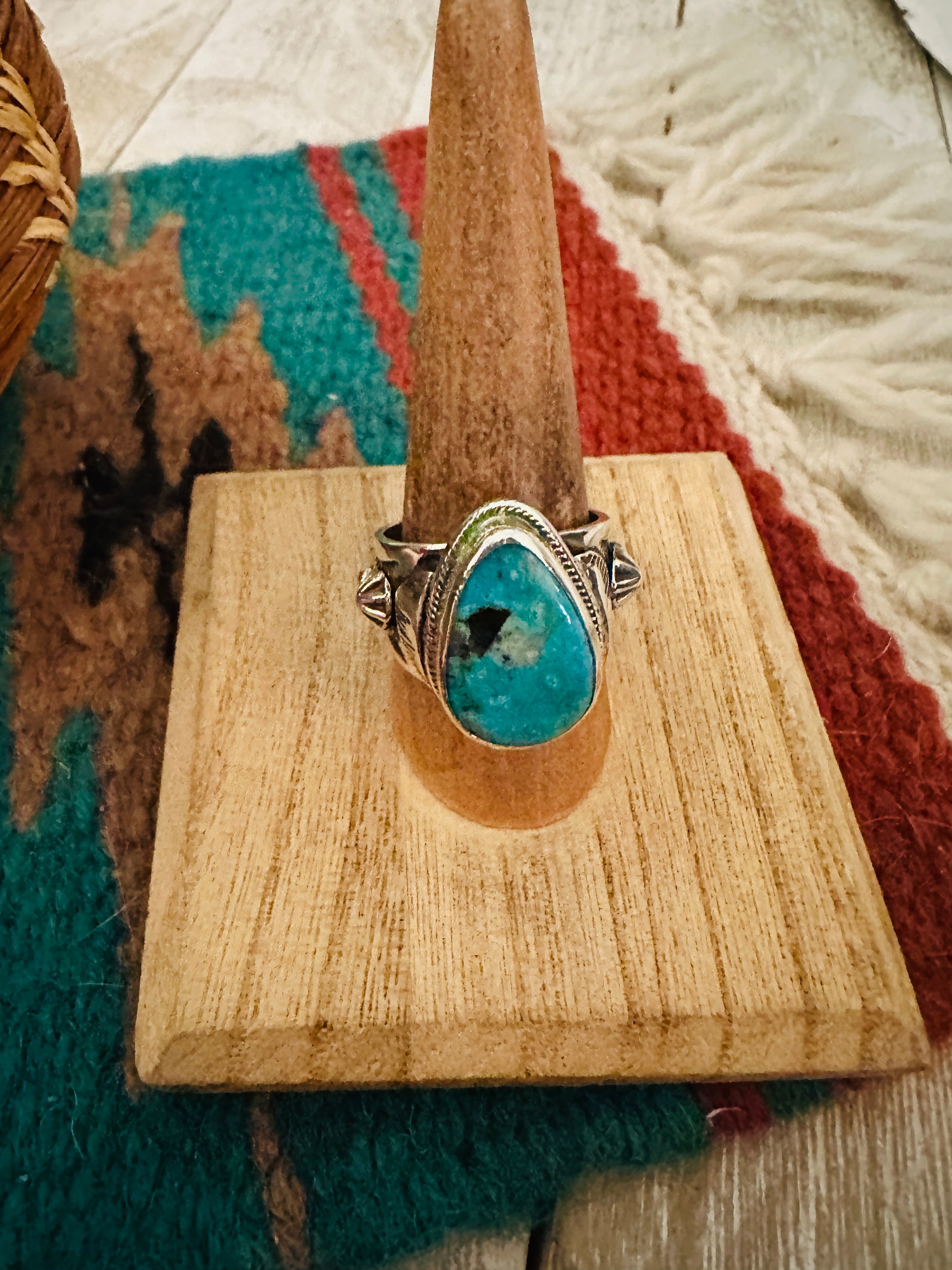 Handcrafted Sterling Silver & Turquoise Teardrop Cigar Band Ring Size 9