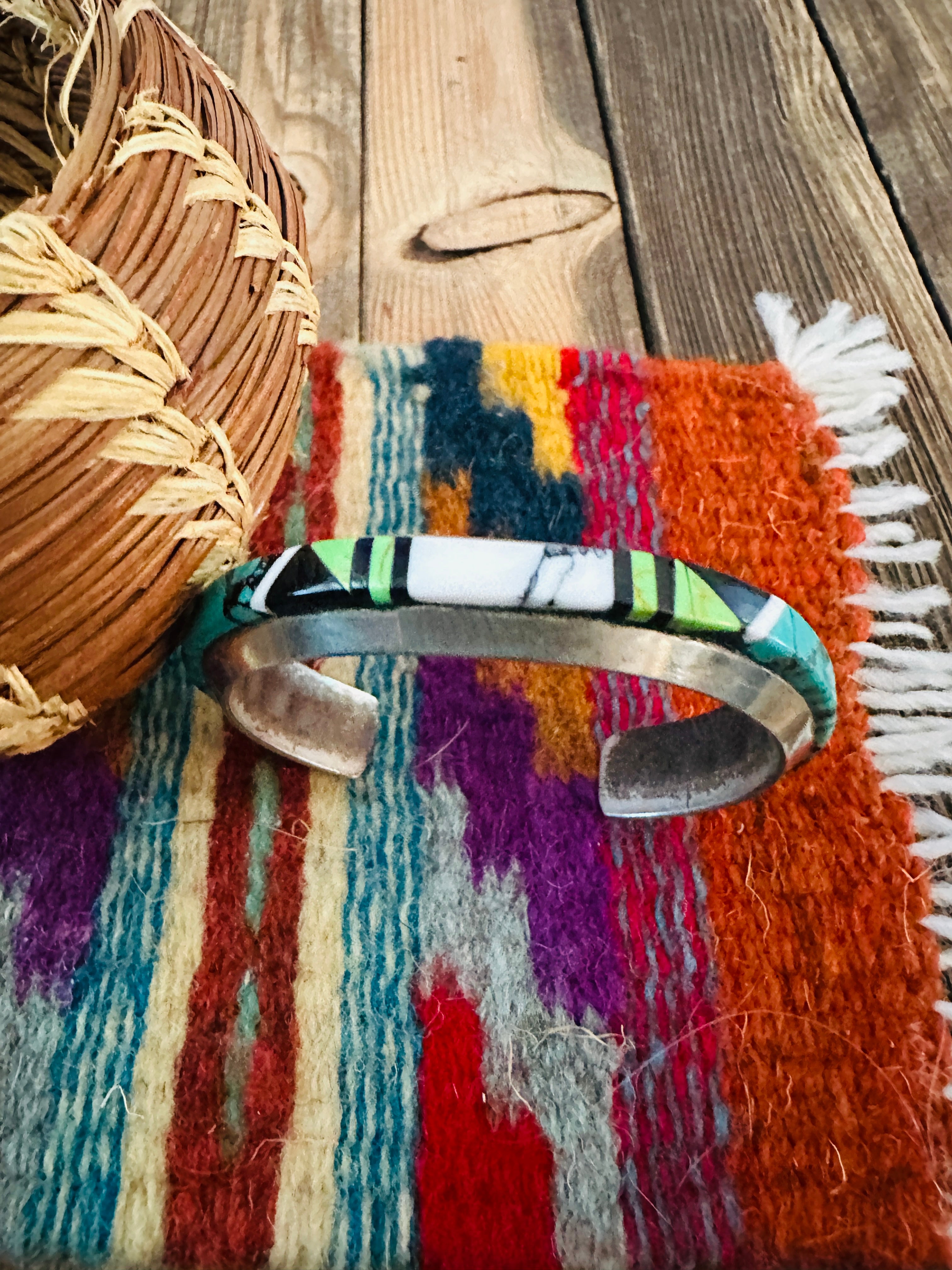 Handcrafted Old Pawn Sterling Silver & Multi Stone Inlay Cuff Bracelet