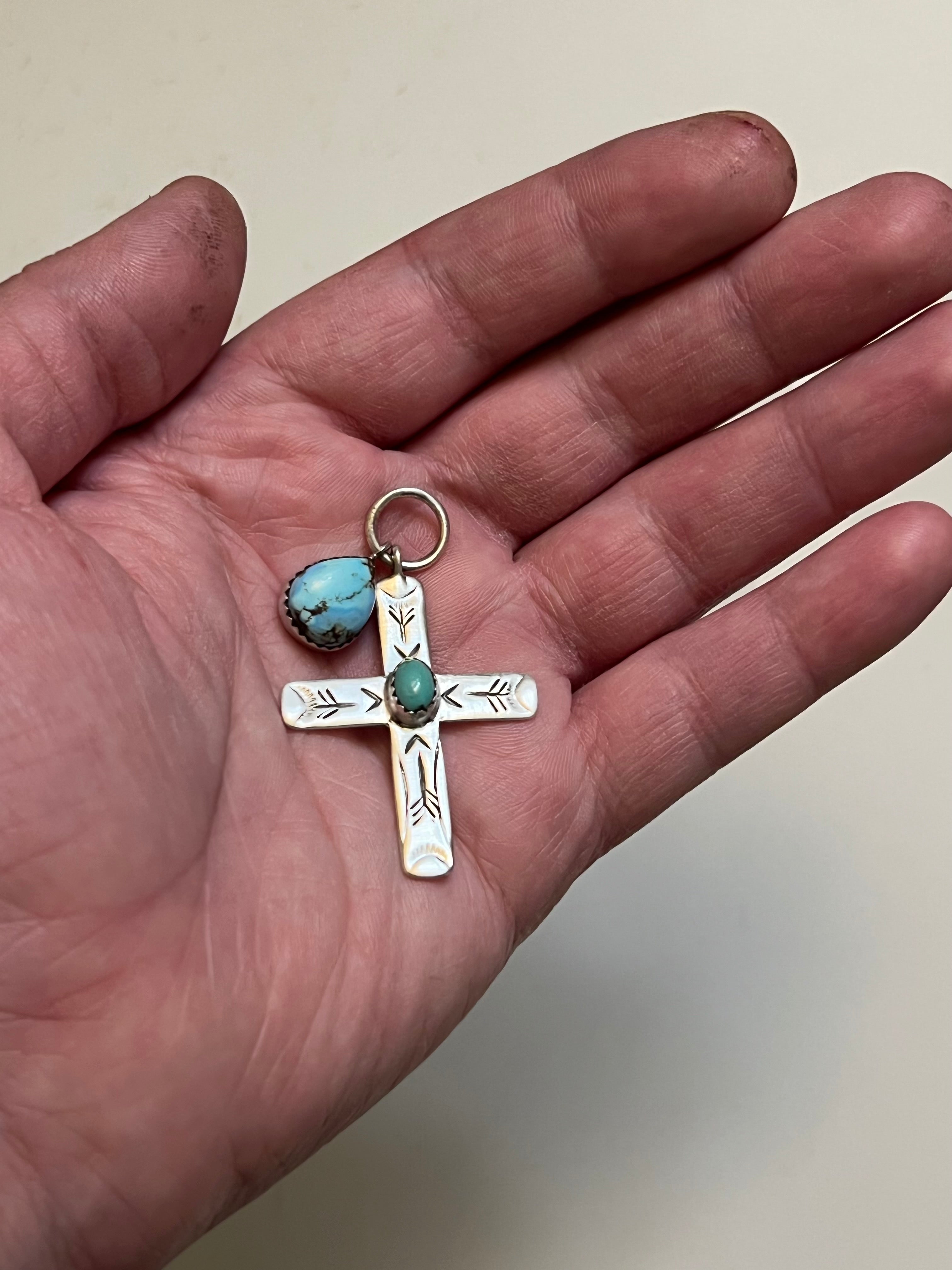 Handmade Golden Hills Turquoise Tear Drop & Etched Sterling Silver Cross Pendant