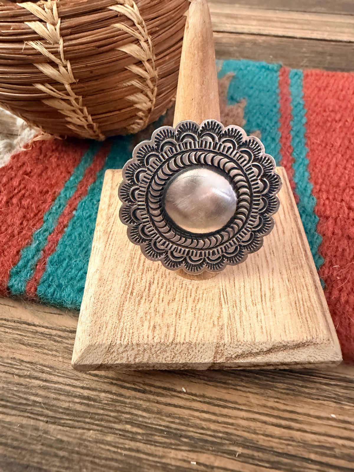Handcrafted Sterling Silver Adjustable Concho Ring by Leander Tahe