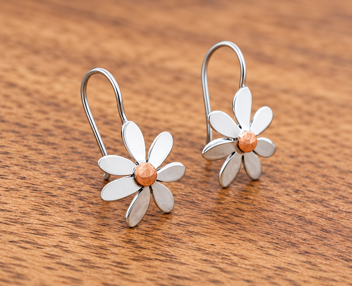 Copper Daisy Flower & Sterling Silver Dangle Earrings On Fixed Hook
