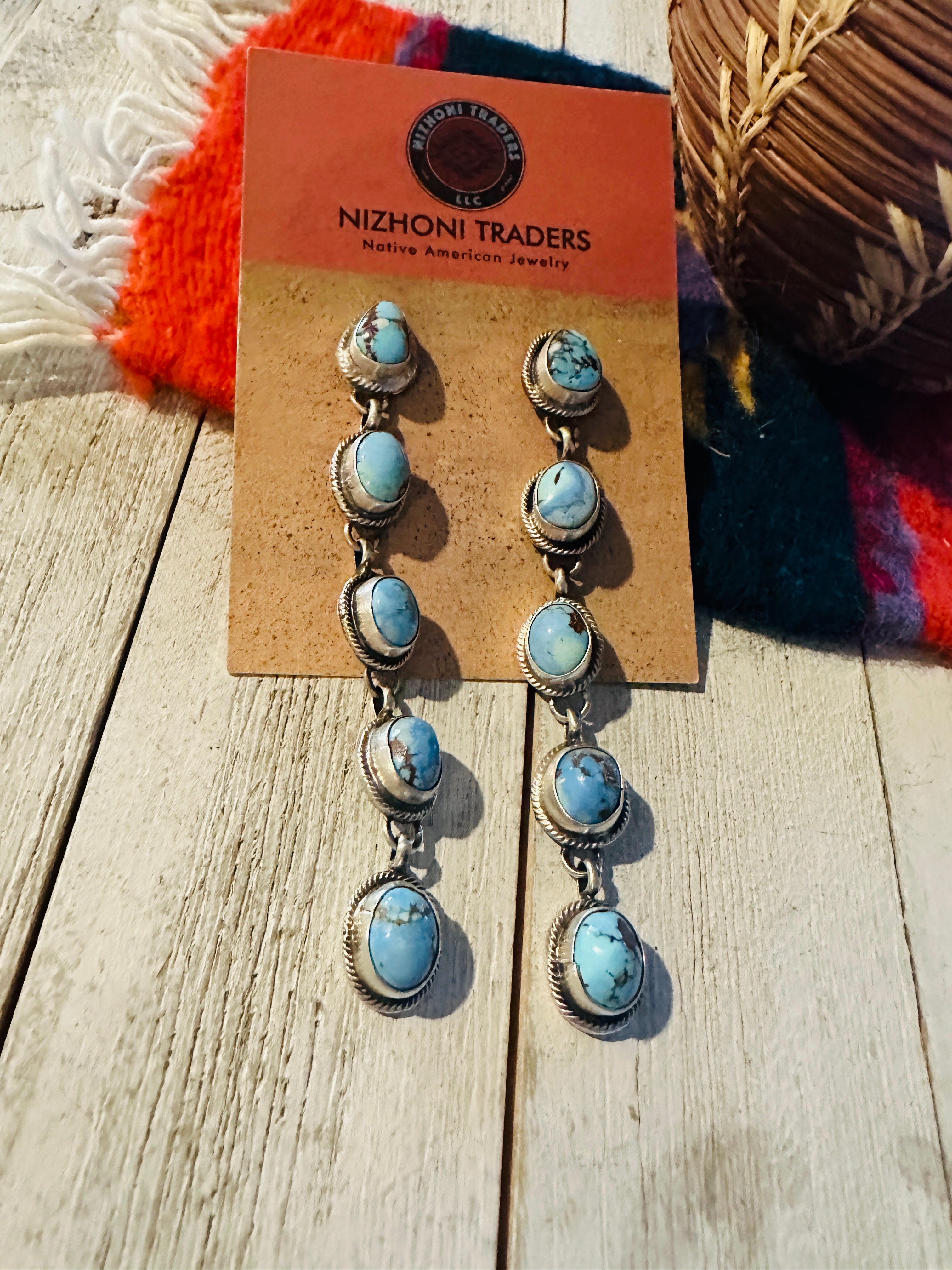 Navajo Golden Hills Turquoise & Sterling Silver Cluster Dangle Earrings Signed