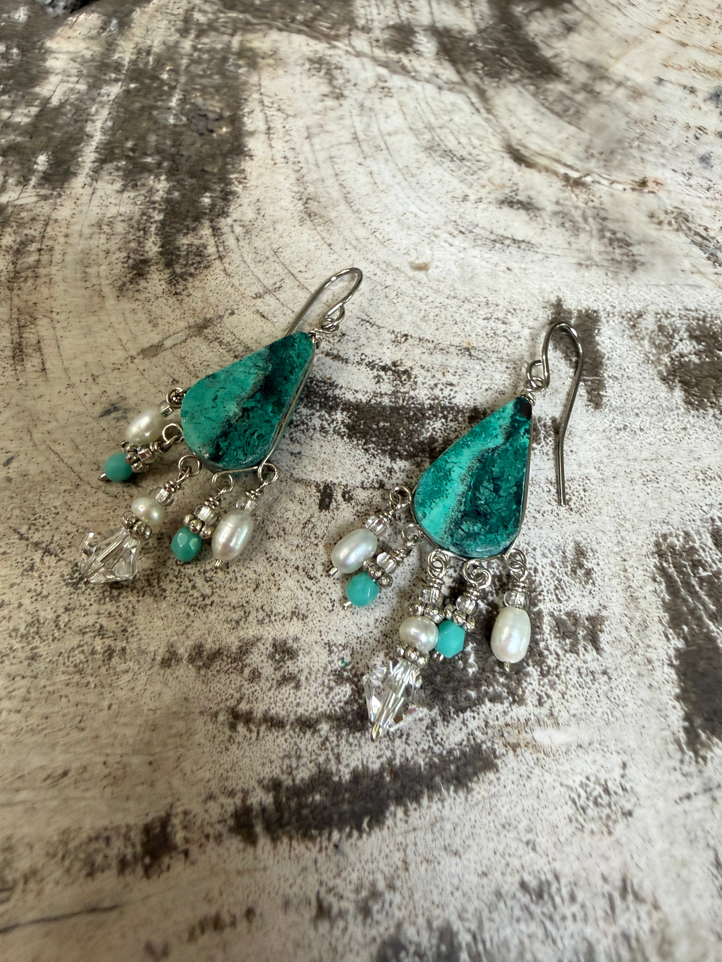 “The Golden Collection” Electric Sky Handmade Turquoise, Mother of Pearl Beaded Surgical Steel Earrings