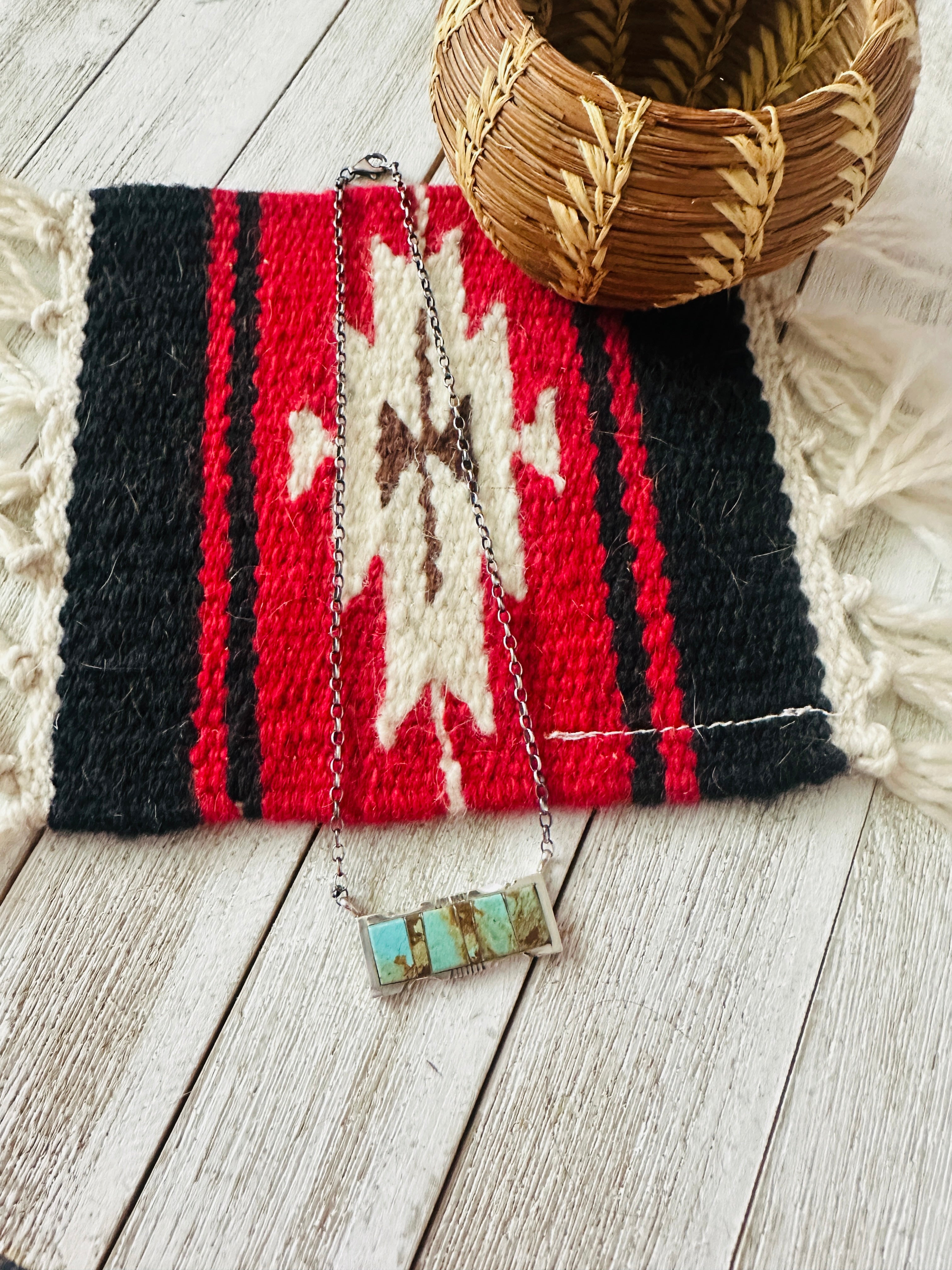 Navajo Turquoise & Sterling Silver Inlay Bar Necklace