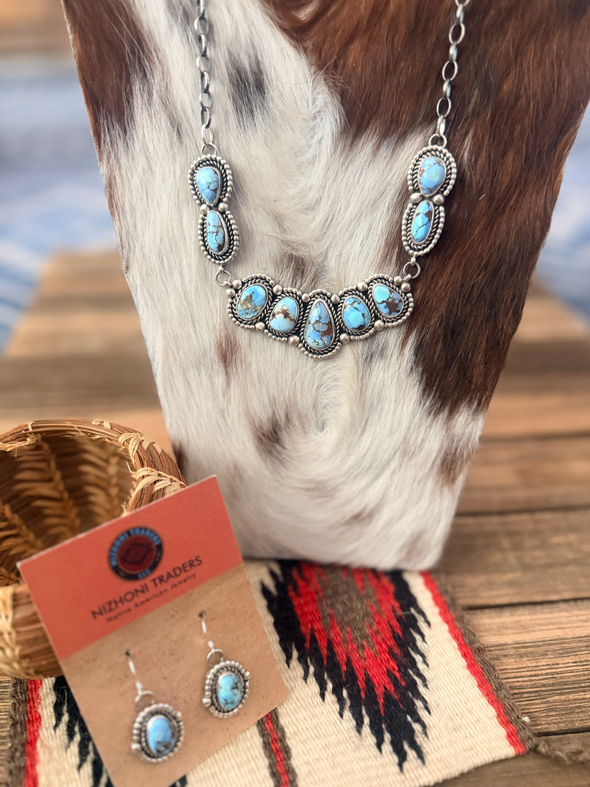Handcrafted Golden Hills Turquoise & Sterling Silver Necklace and Earring Set by Fred Francis