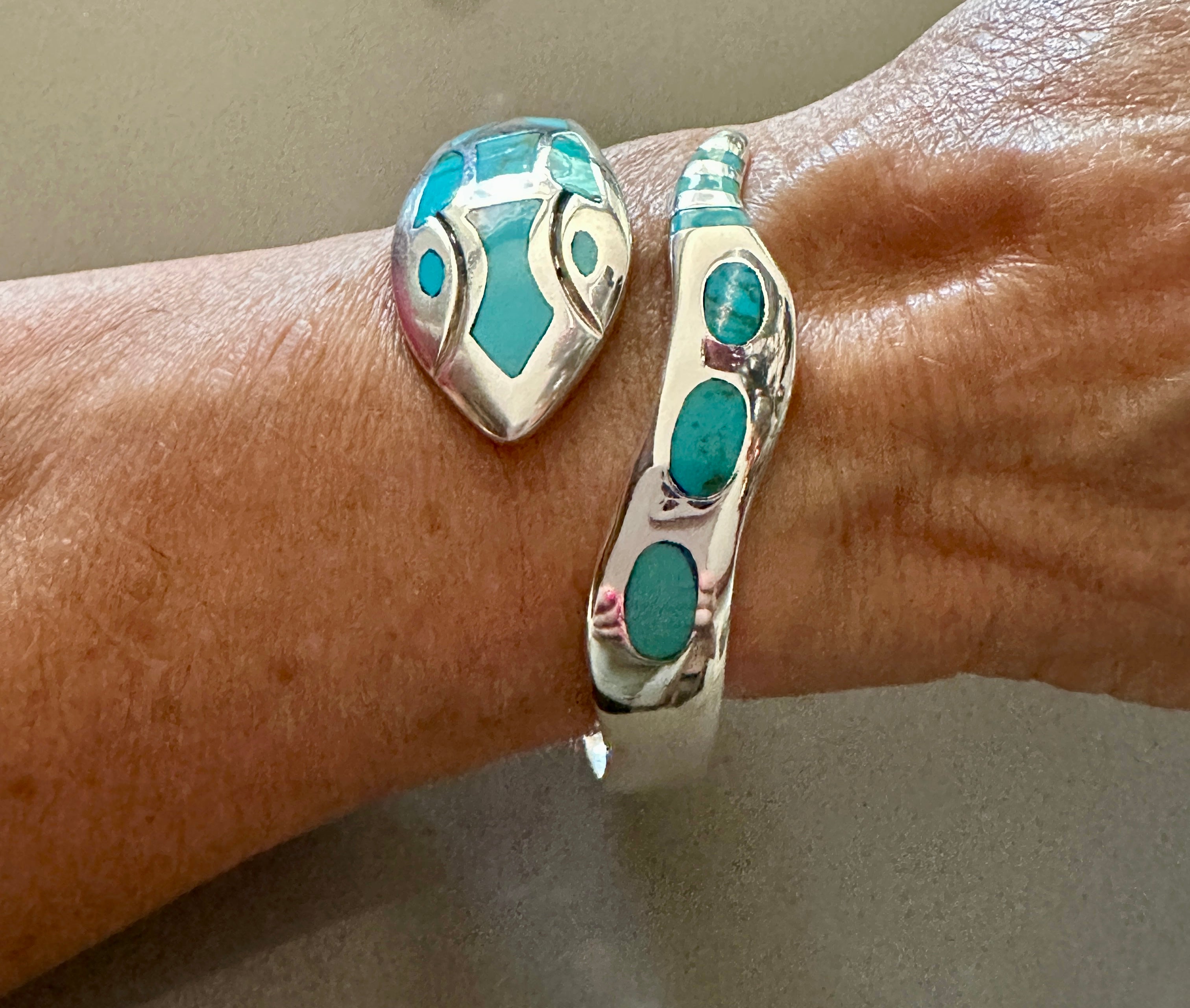 Turquoise Sterling Silver Hinged Snake Cuff Bracelet