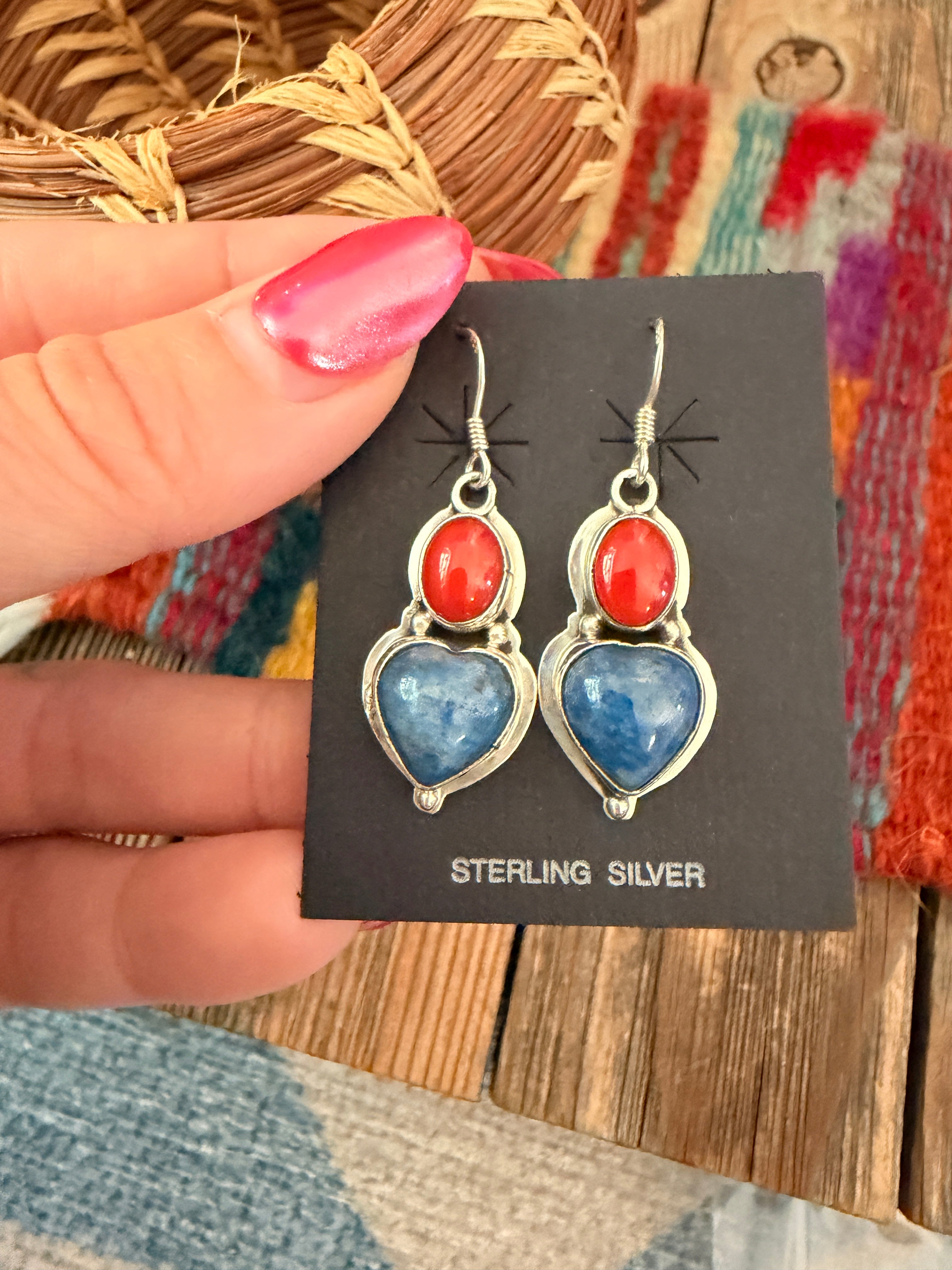 Handcrafted Lapis, Coral & Sterling Silver Heart Dangle Earrings