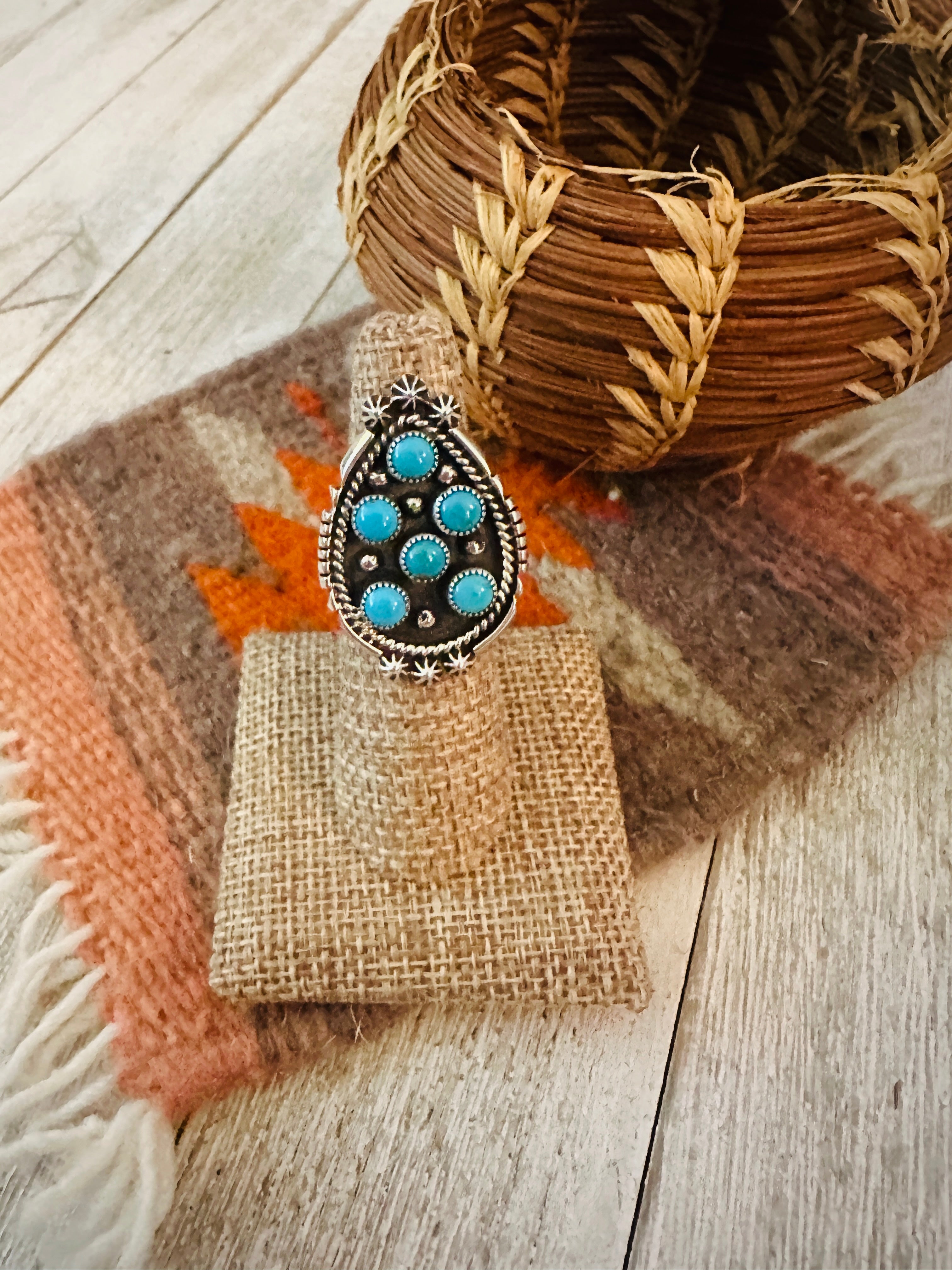 Handcrafted Turquoise & Sterling Silver Cluster Ring Size 5.5