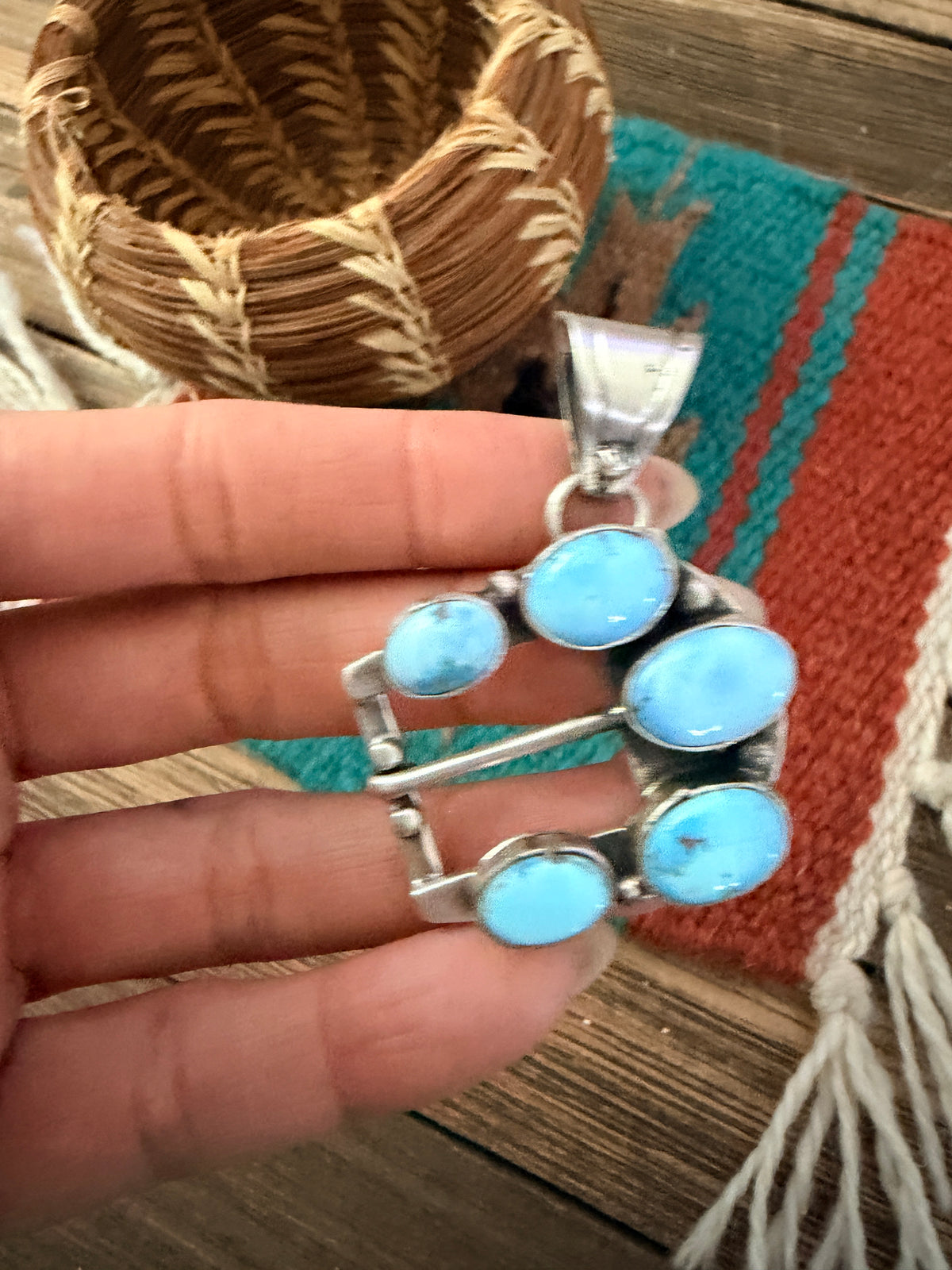 Handcrafted Sterling Silver & Turquoise Belt Buckle Pendant by Russell Sam