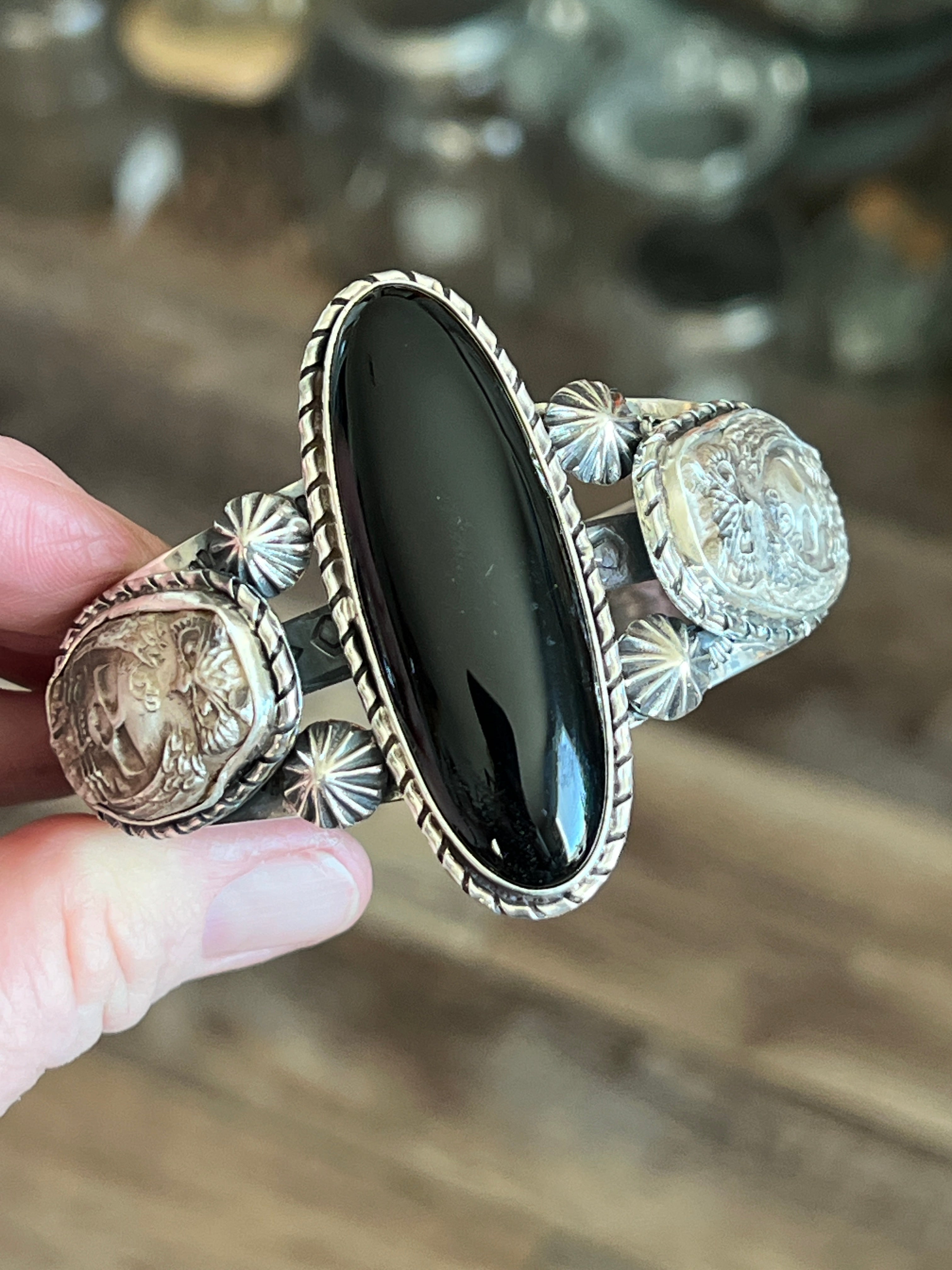 Sterling Silver Handcrafted Cuff Bracelet with Onyx, Owl and Skull Detail, Taller Stone