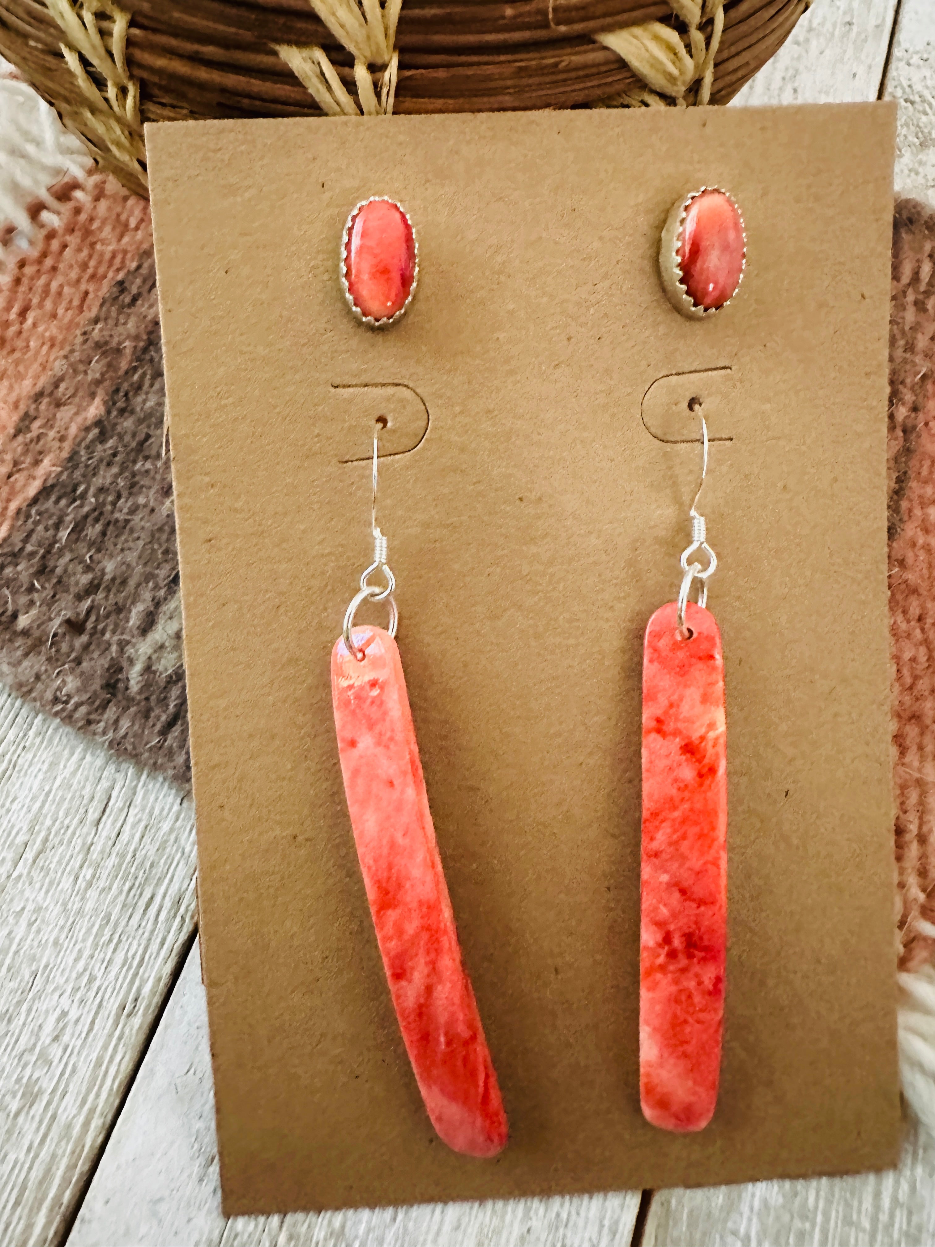 Handcrafted Orange Spiny Slab Dangle & Stud Earring Set