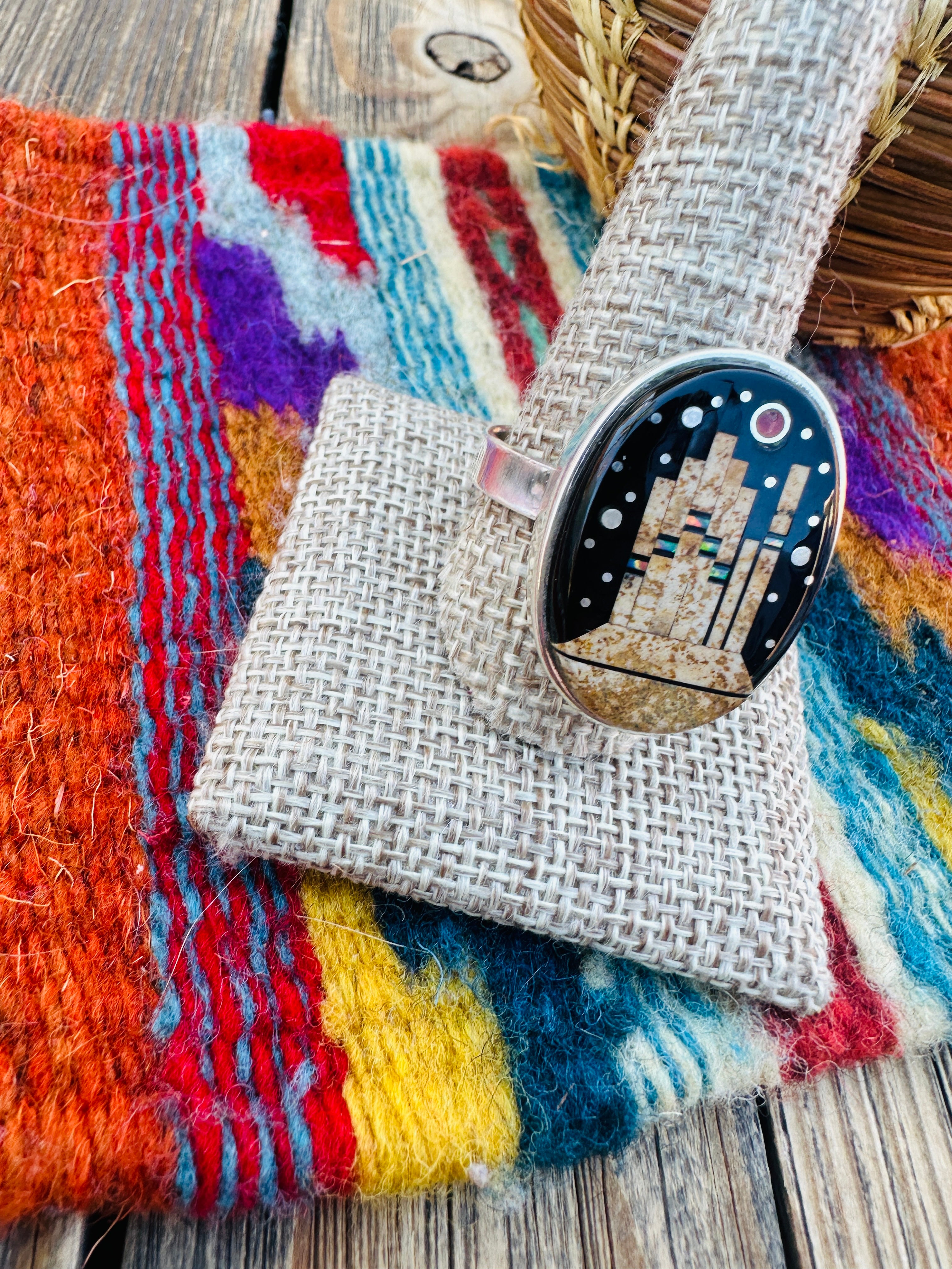 Handcrafted Multi Stone & Sterling Silver Inlay Adjustable Ring by Matthew Jack