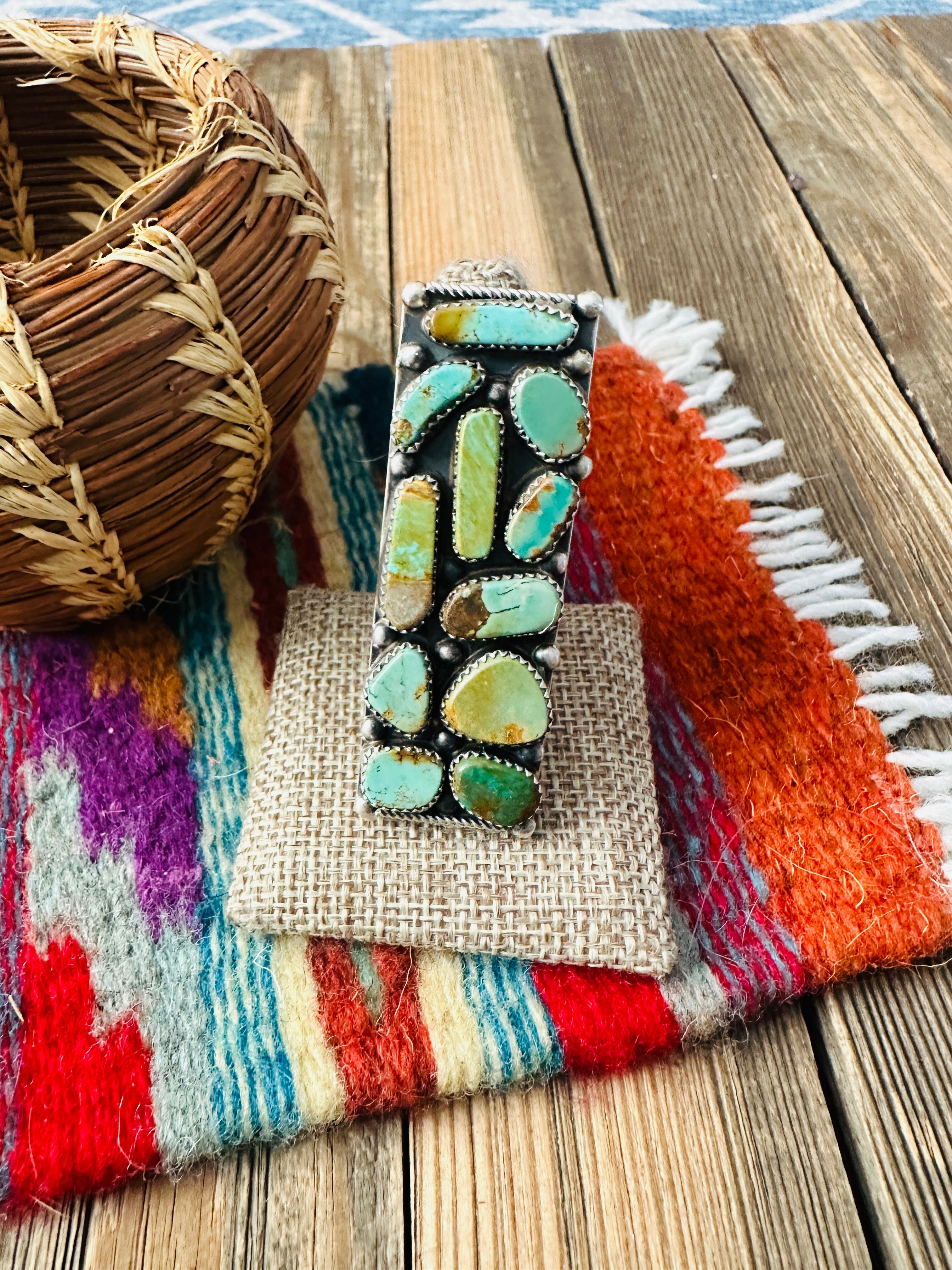 Handcrafted Royston Turquoise Sterling Silver Cluster Adjustable Ring by Jacqueline Silver