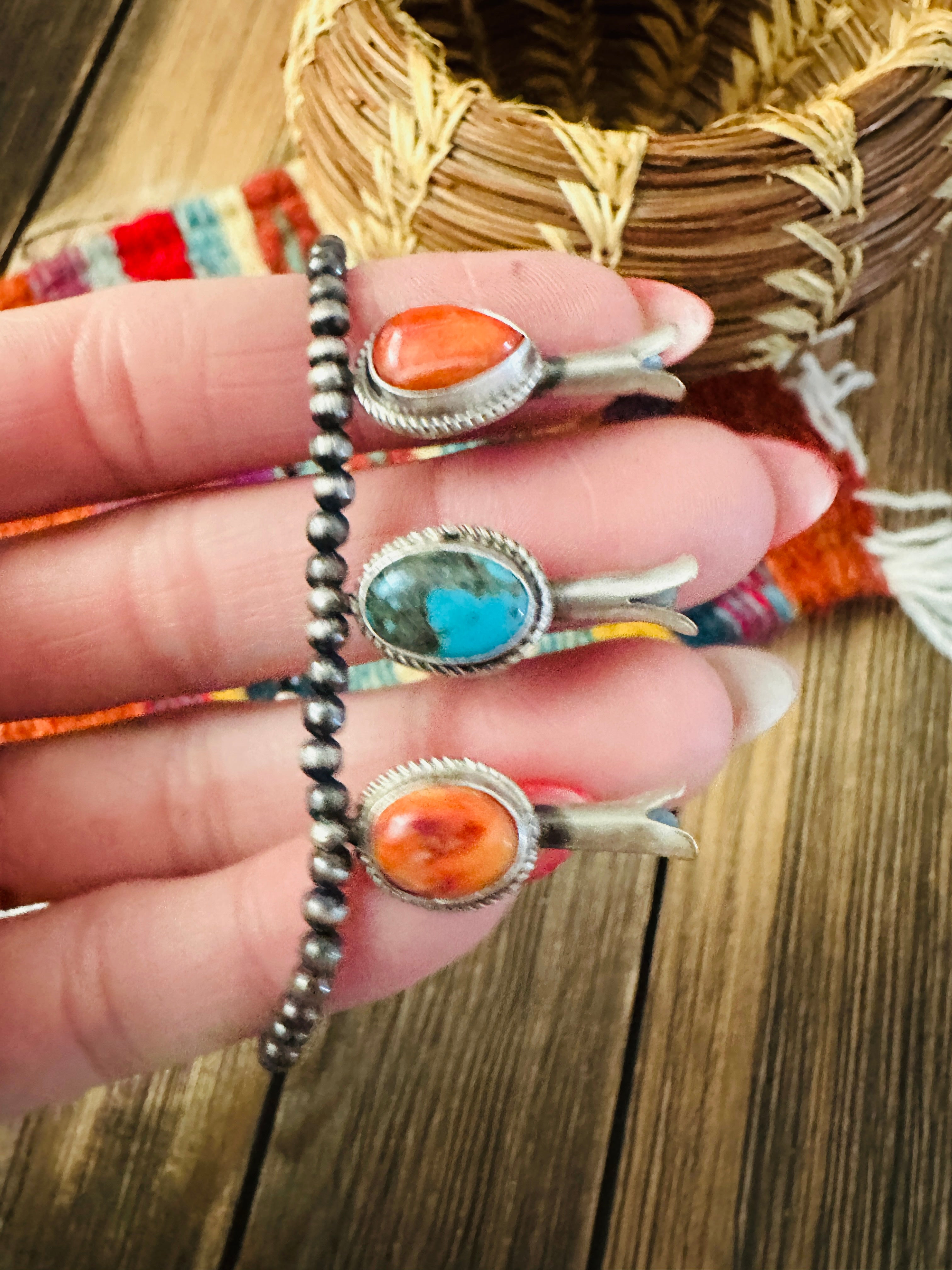 Handcrafted 3mm Sterling Silver Pearl, Turquoise & Spiny Oyster Blossom Stretch Bracelet