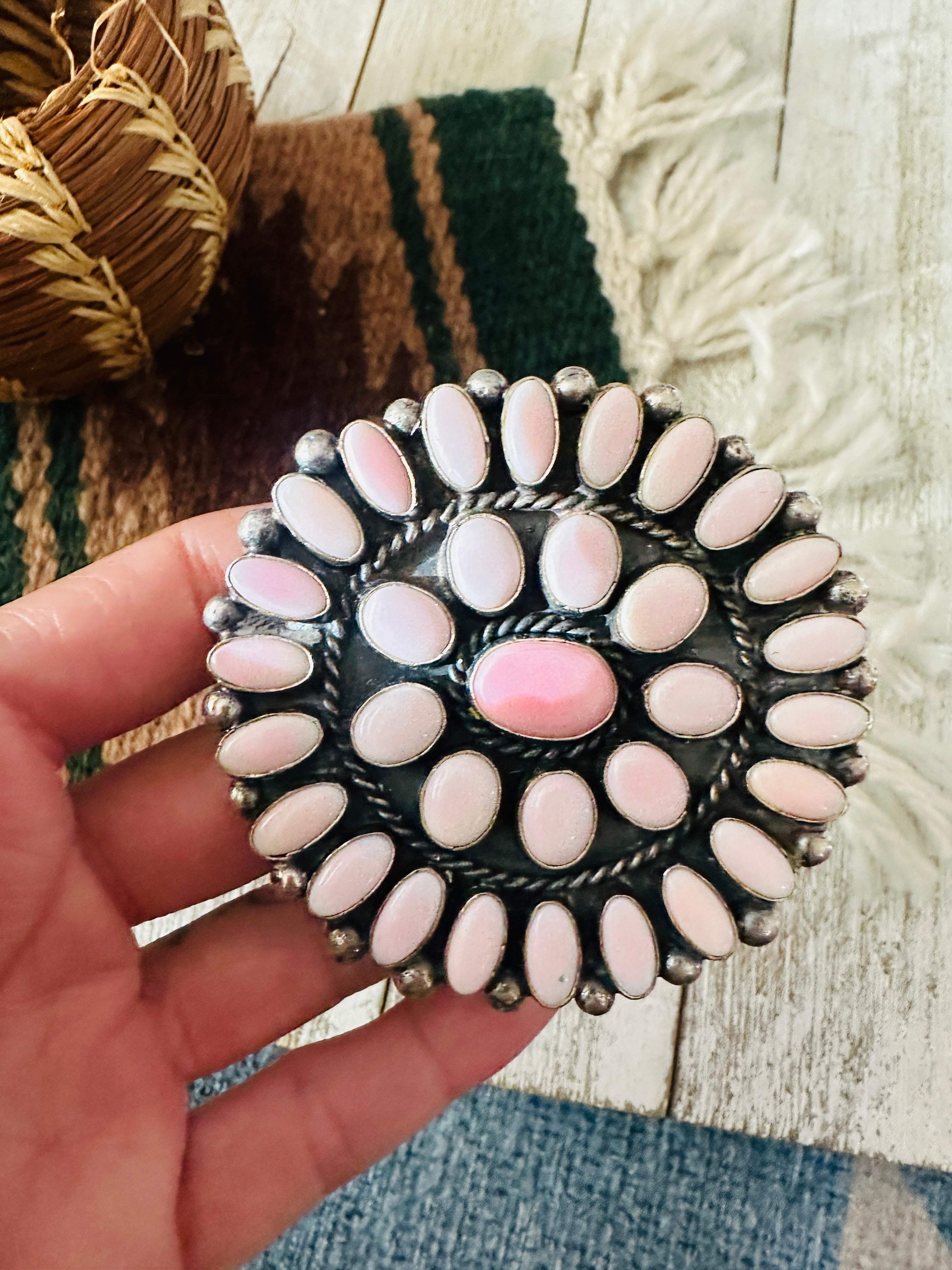 Handcrafted Sterling Silver & Queen Pink Conch Cluster Cuff Bracelet