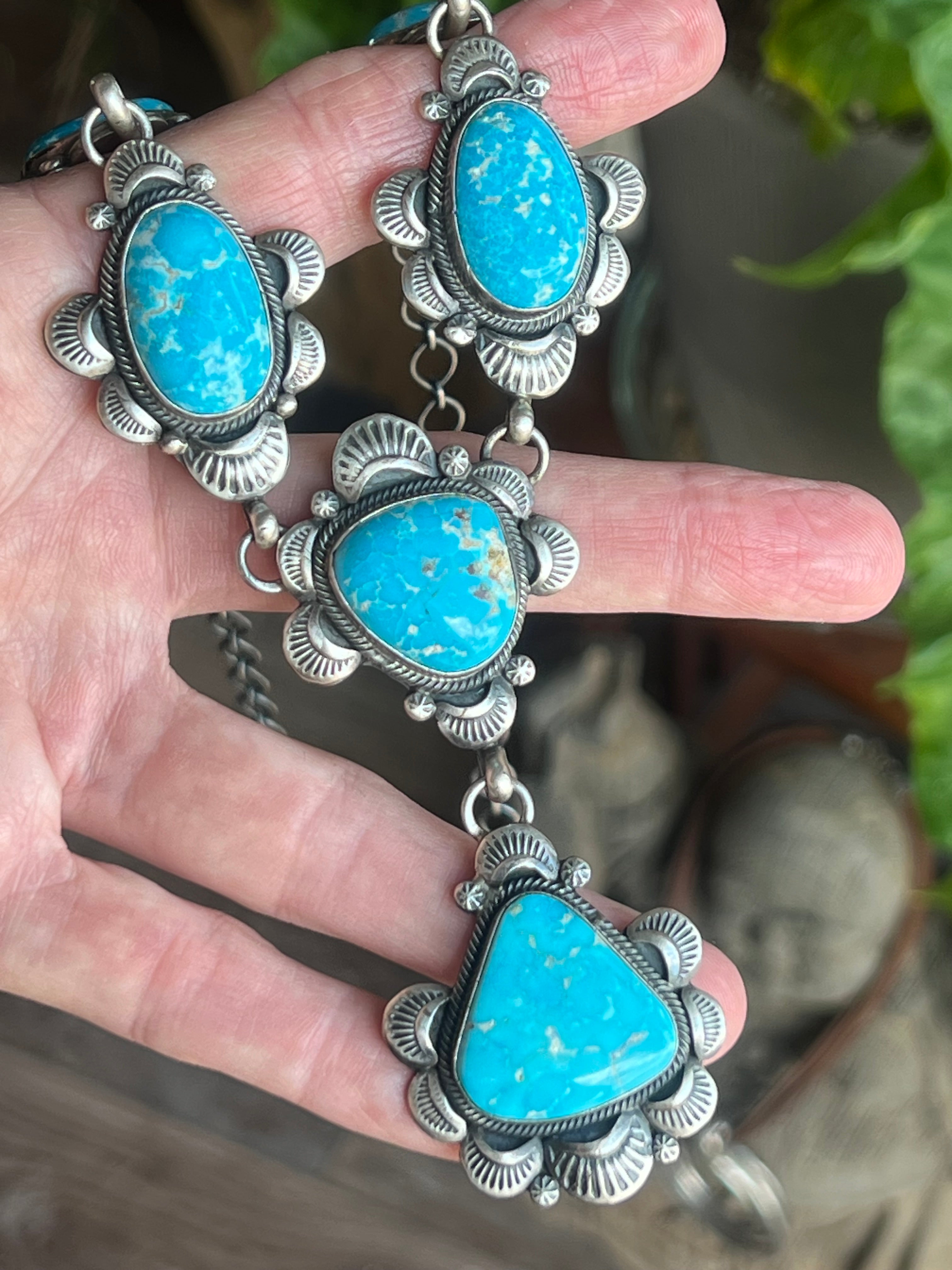 Handcrafted Stellar Sterling Silver and Whitewater Turquoise Necklace and Earrings Set by Gilbert Tom