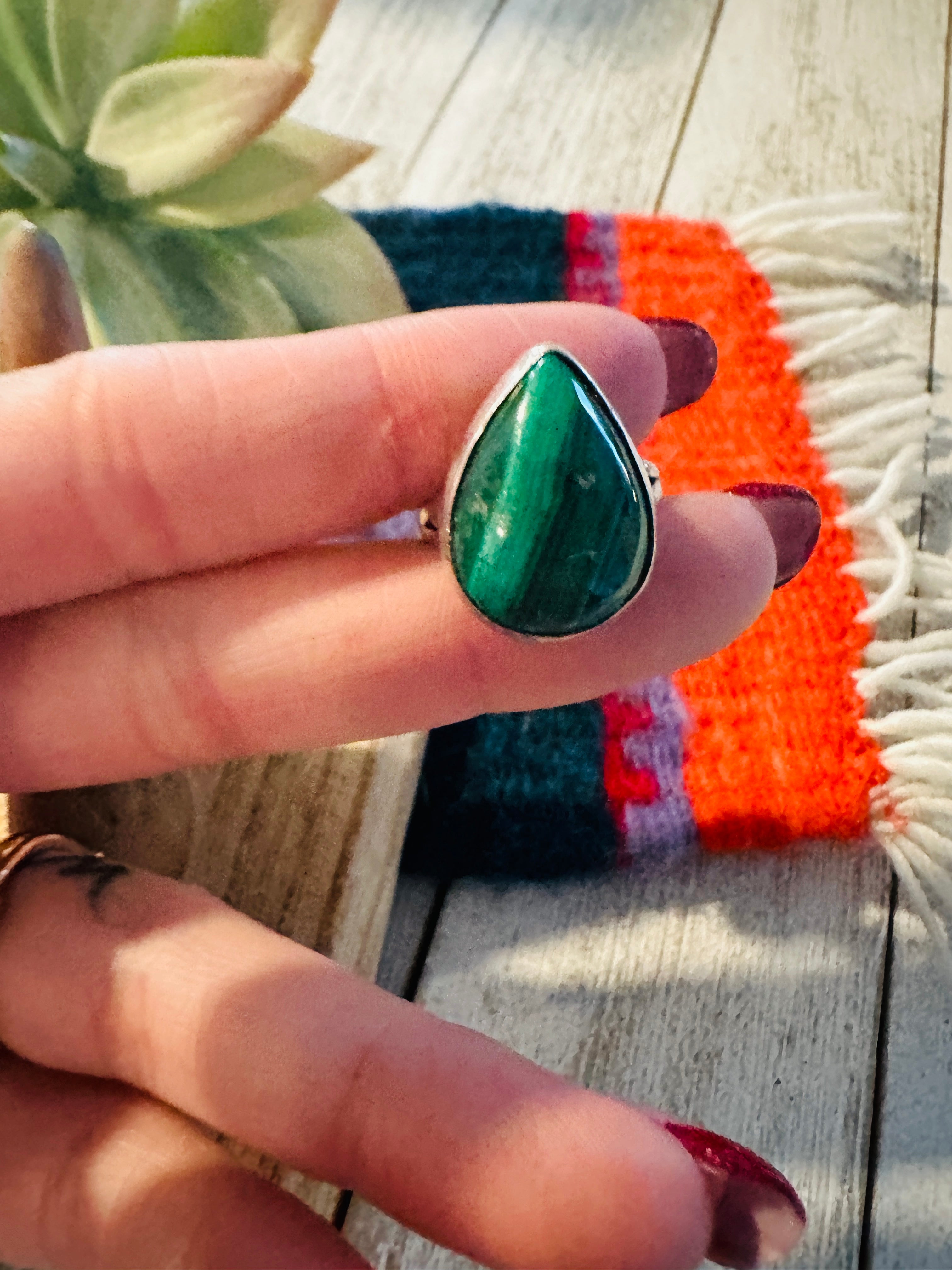 Handcrafted Malachite & Sterling Silver Teardrop Ring