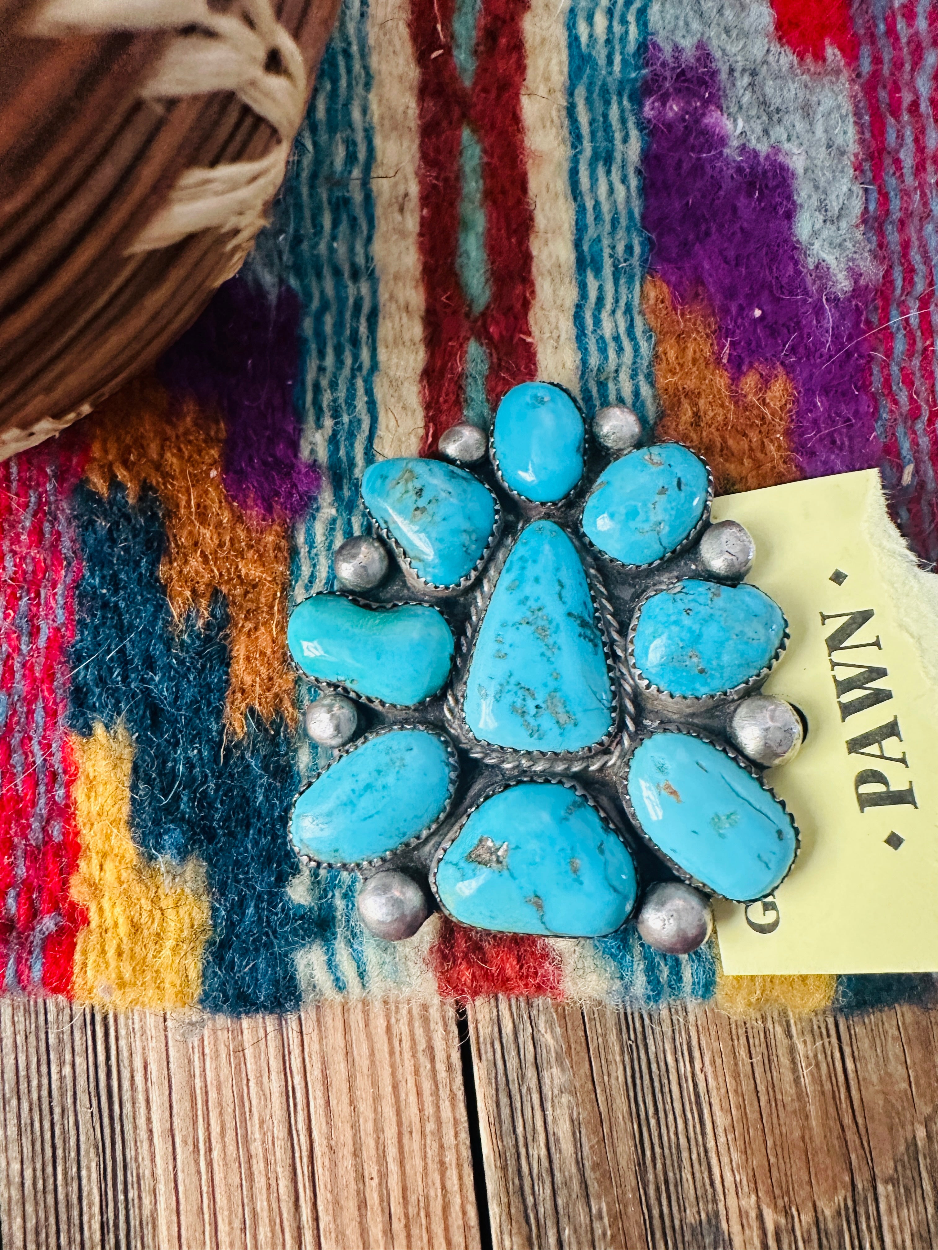 Old Pawn Handcrafted Turquoise and Sterling Silver Cluster Brooch