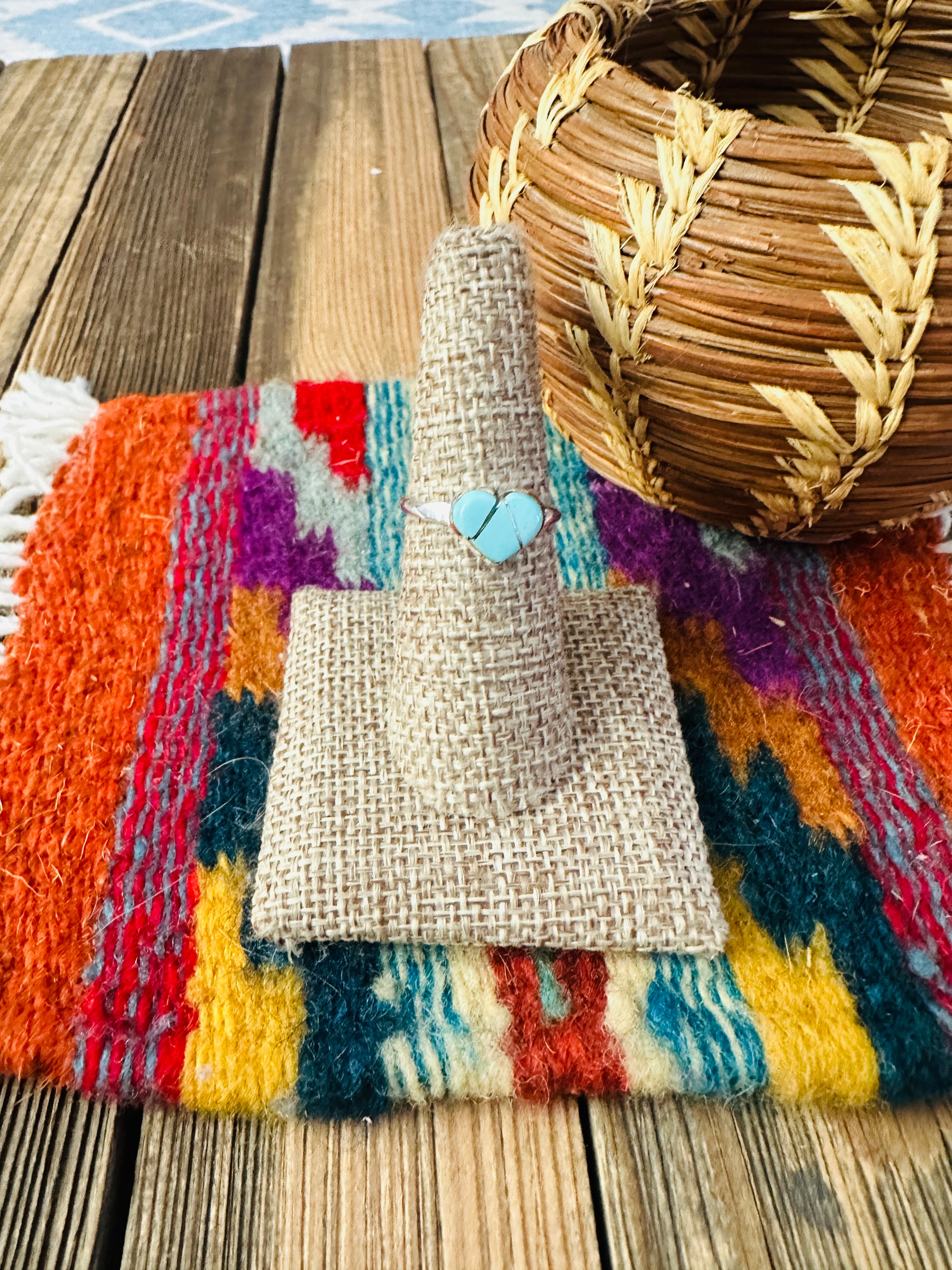 Handcrafted Turquoise & Sterling Silver Inlay Heart Ring Size 7.25