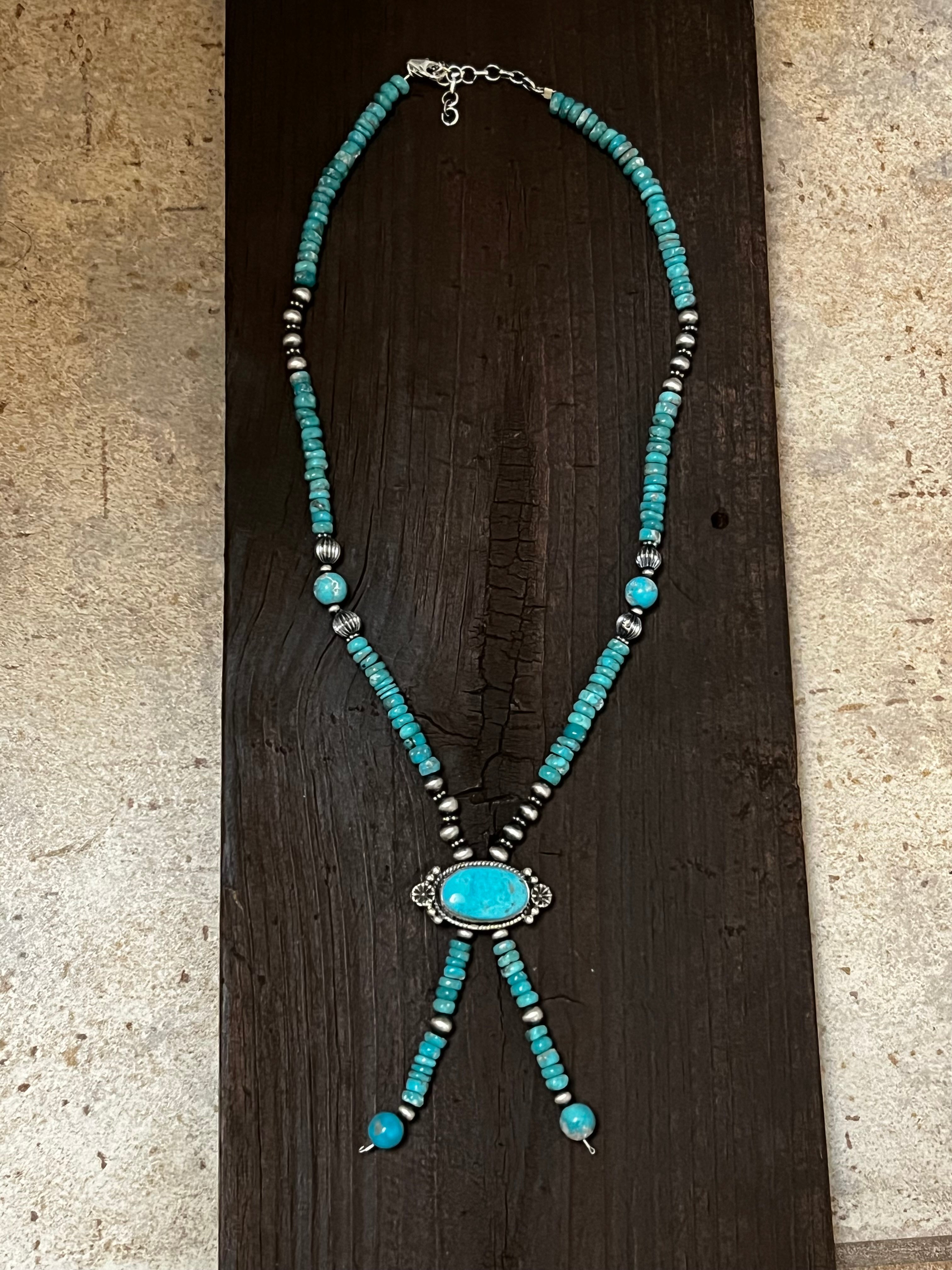 Handmade Sterling Silver Heishi Beaded Turquoise Tassel Bolo Necklace
