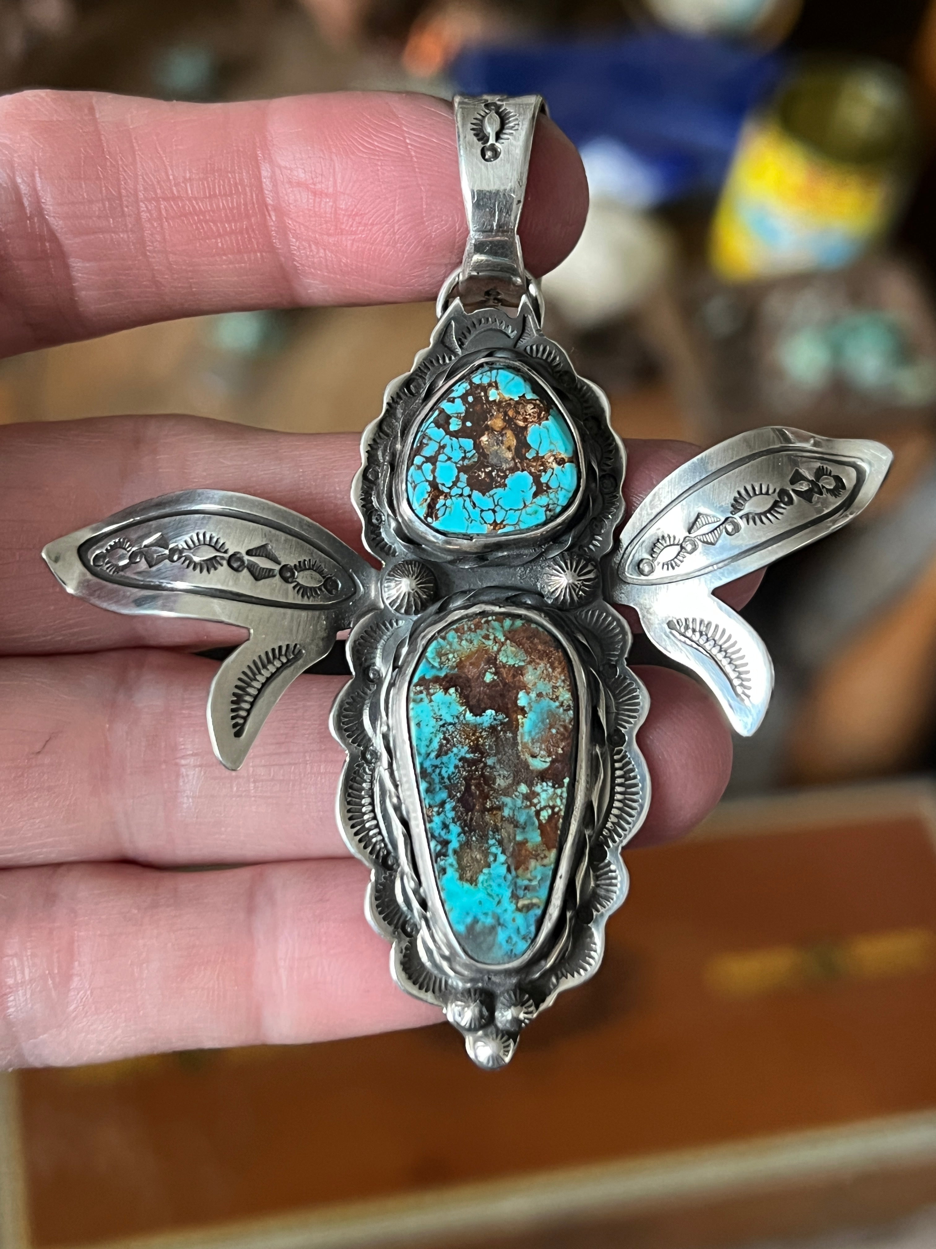 Kimari Somers Hand Stamped Sterling Silver and Turquoise Winged Bug Pendant