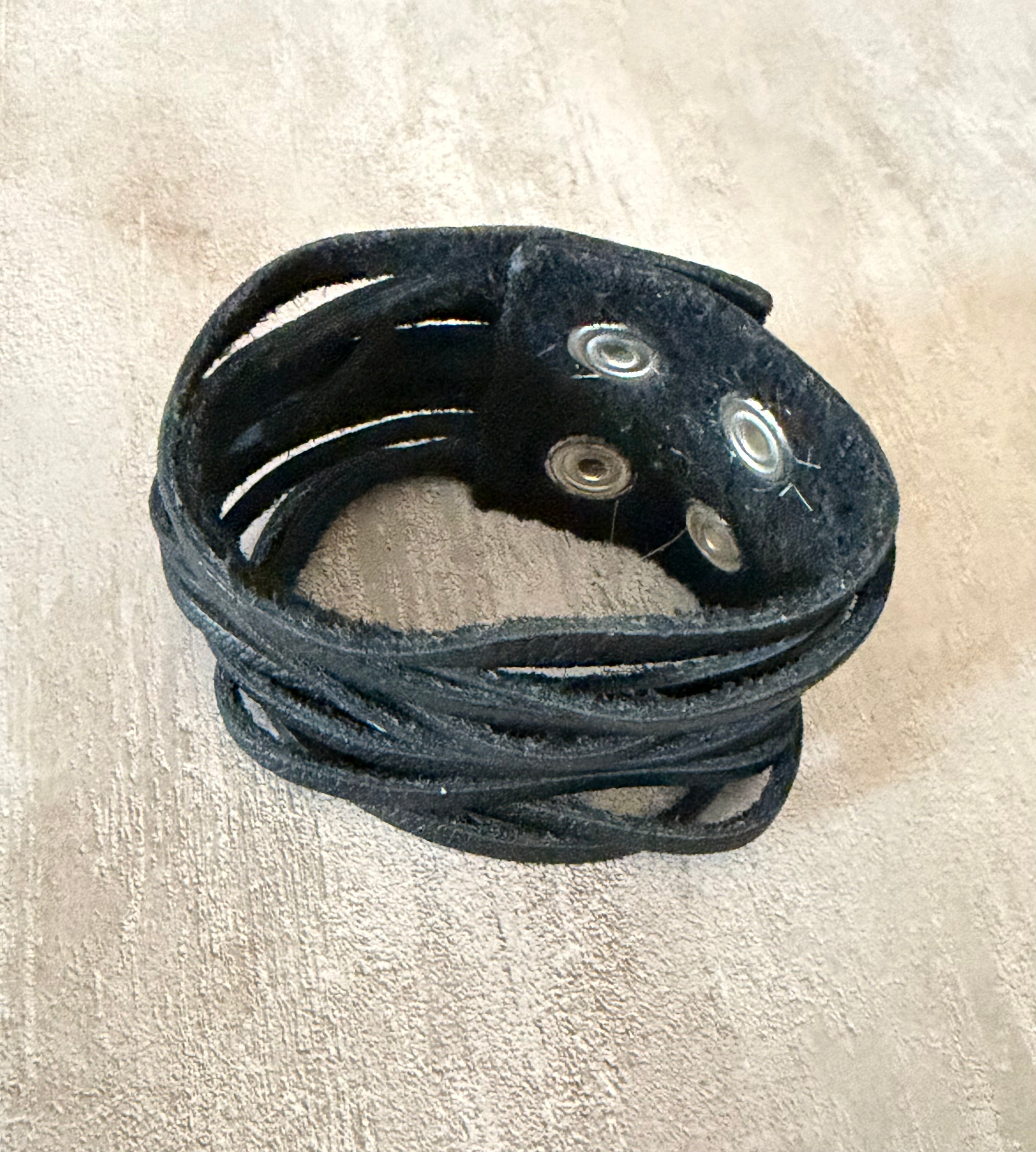 Genuine Boho 2" Black Leather Snap Cuff Bracelet