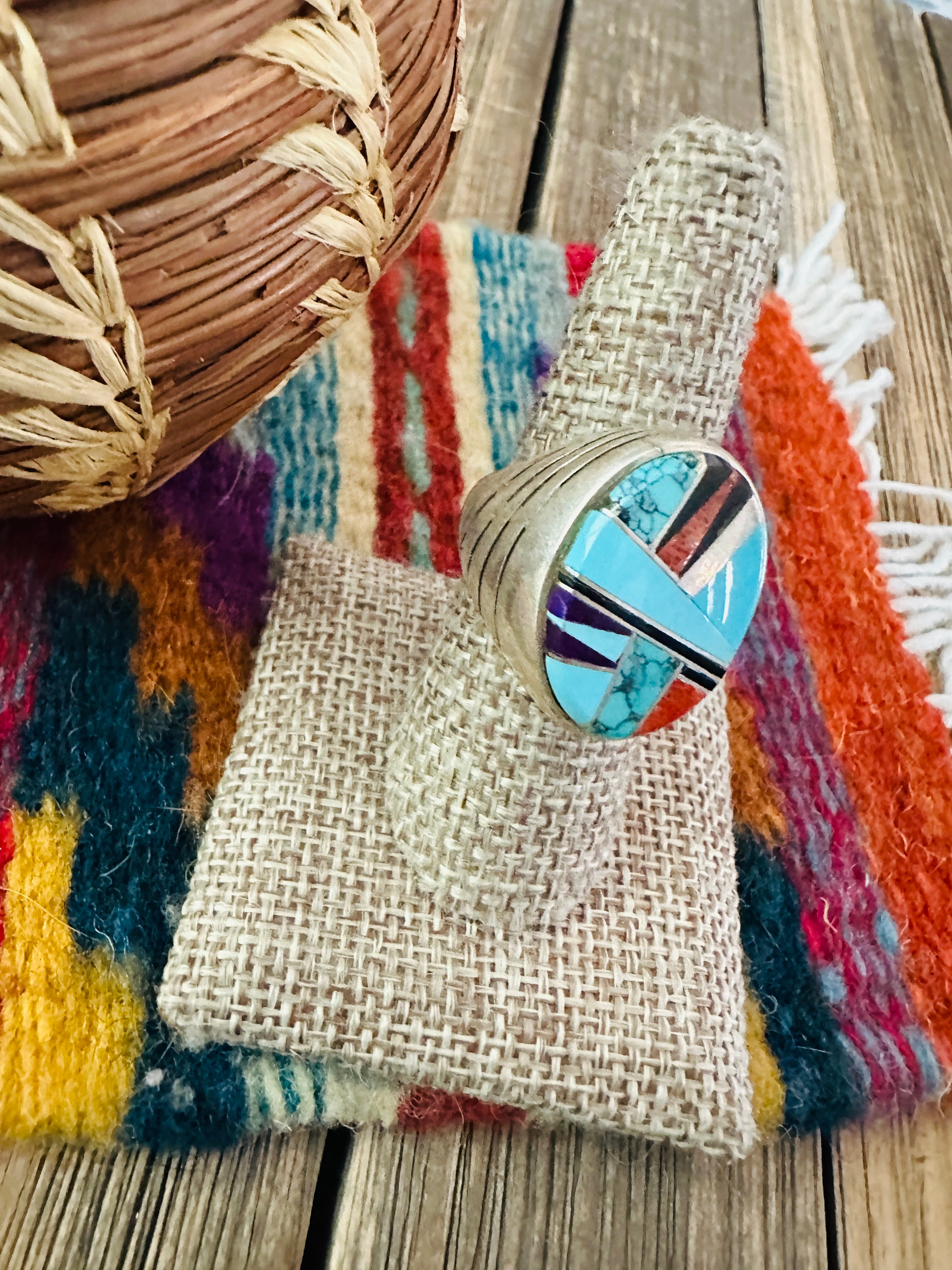 Old Pawn Handcrafted Multi Stone & Sterling Silver Inlay Ring Size 7.5 by Calvin Begay