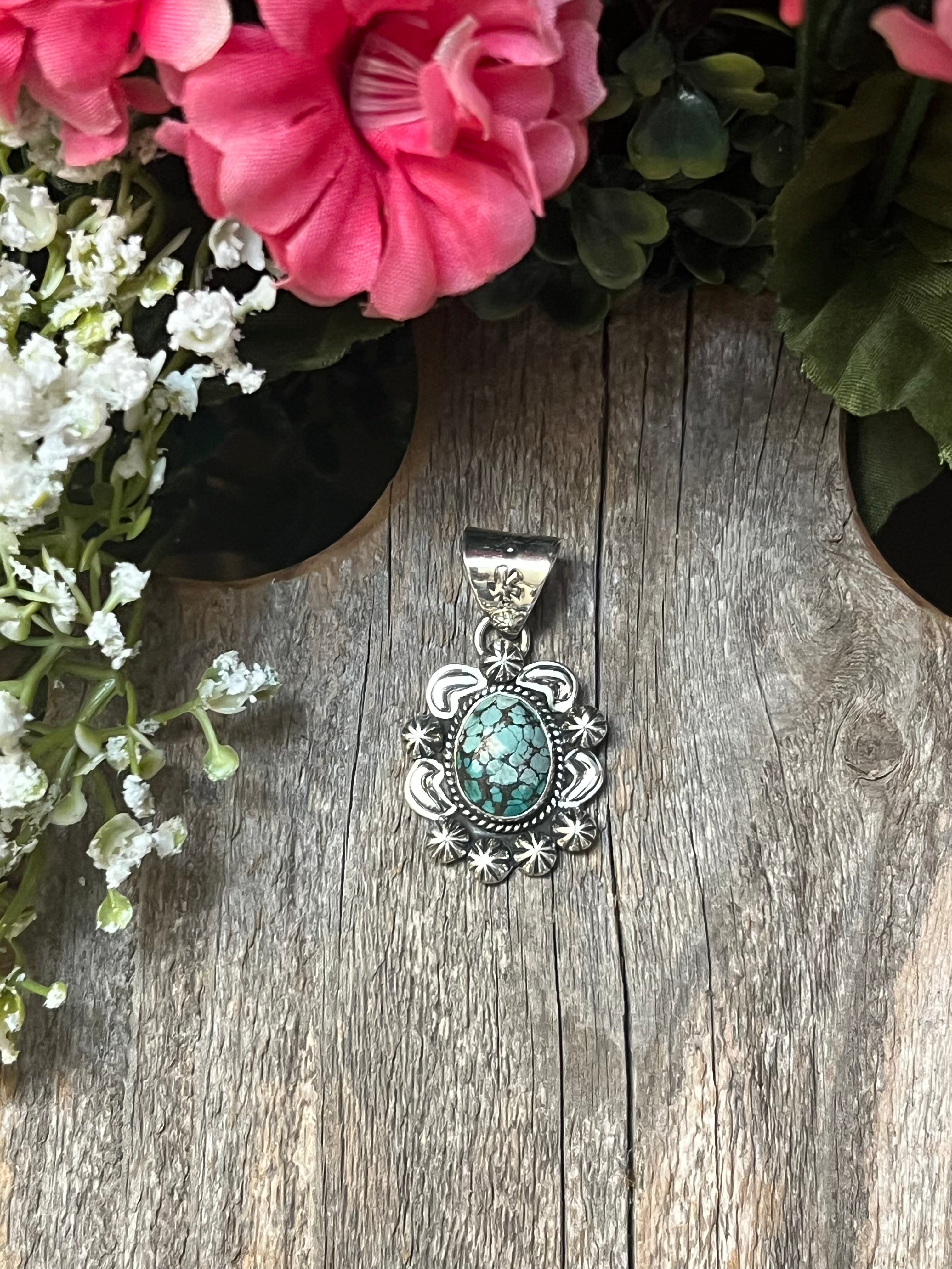 Handmade Oval Shaped Variscite Etched Sterling Silver Pendant