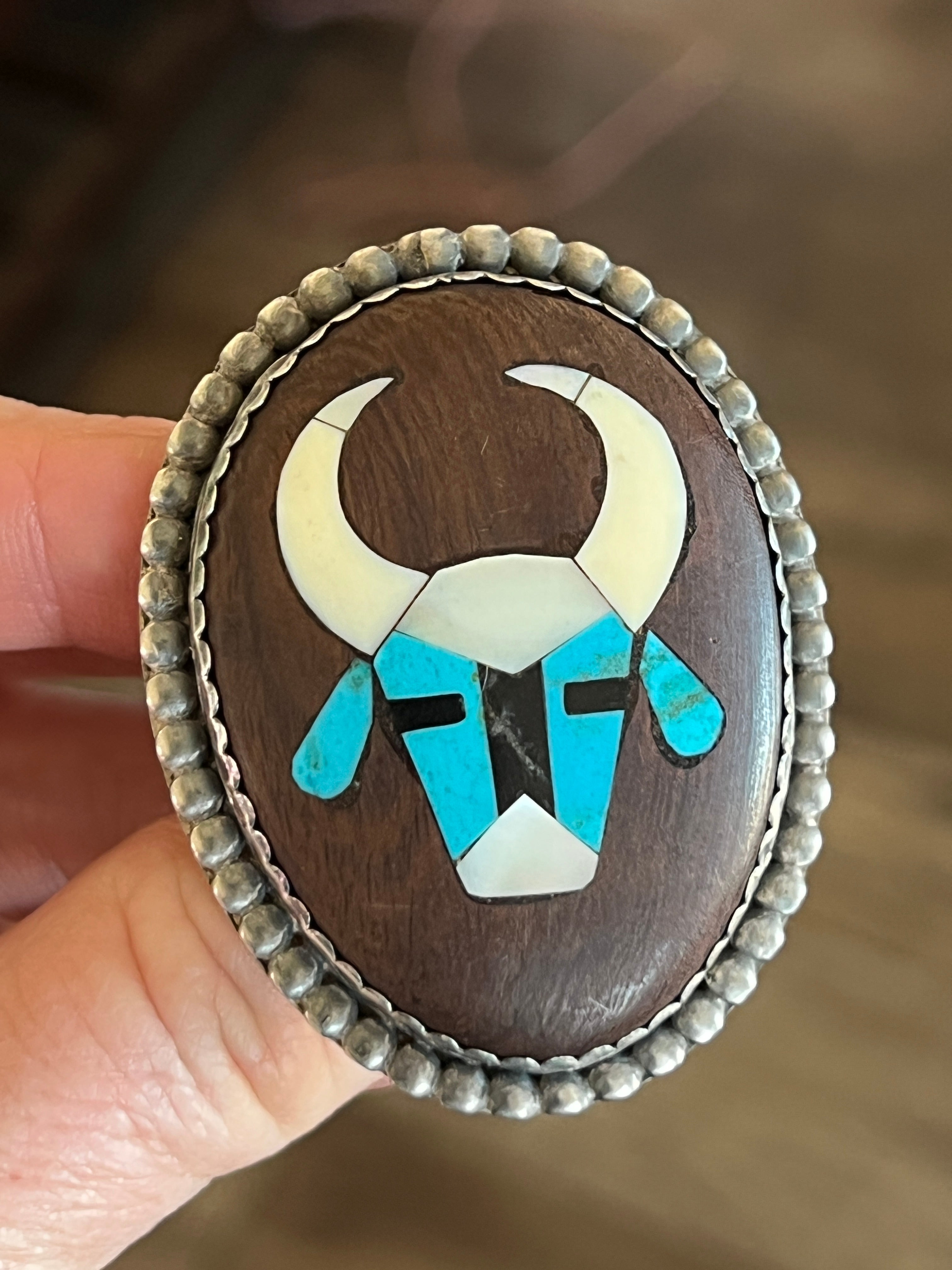 Vintage Sterling Silver and Wood Ring with Turquoise and Mother of Pearl Inlay Steer Head, Size 10.5