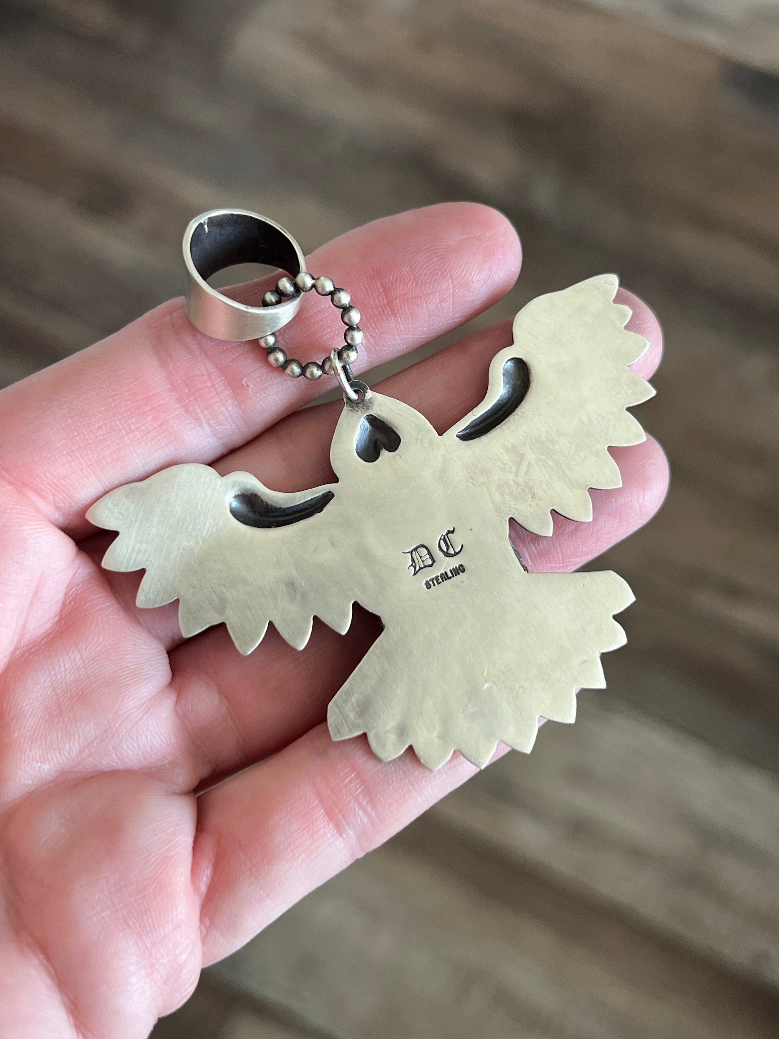 Handcrafted Sterling Silver and Polychrome Kingman Turquoise Eagle Pendant by Derrick Cadman