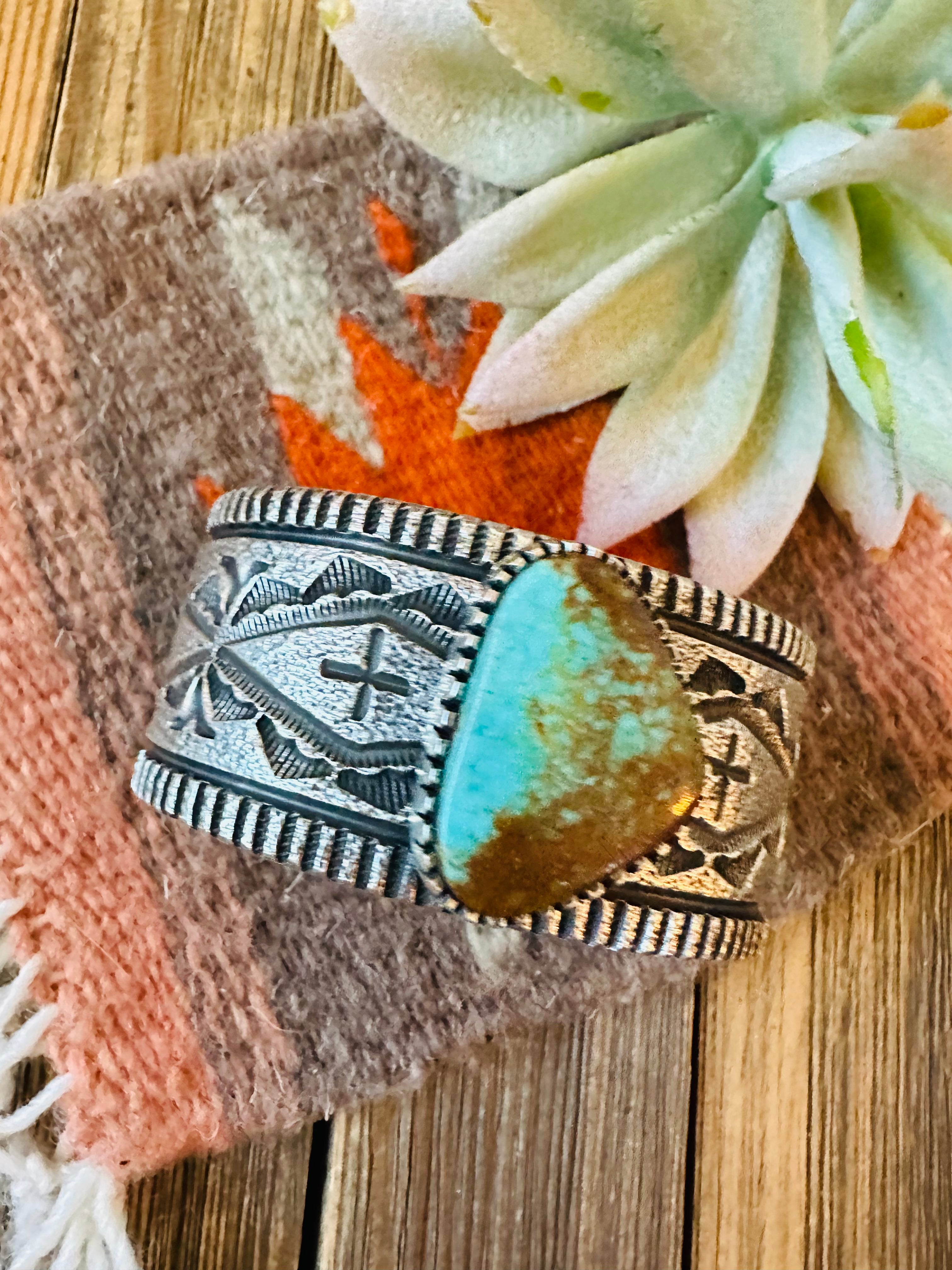 Handcrafted Royston Turquoise & Sterling Silver Tufa Cast Cuff Bracelet Signed