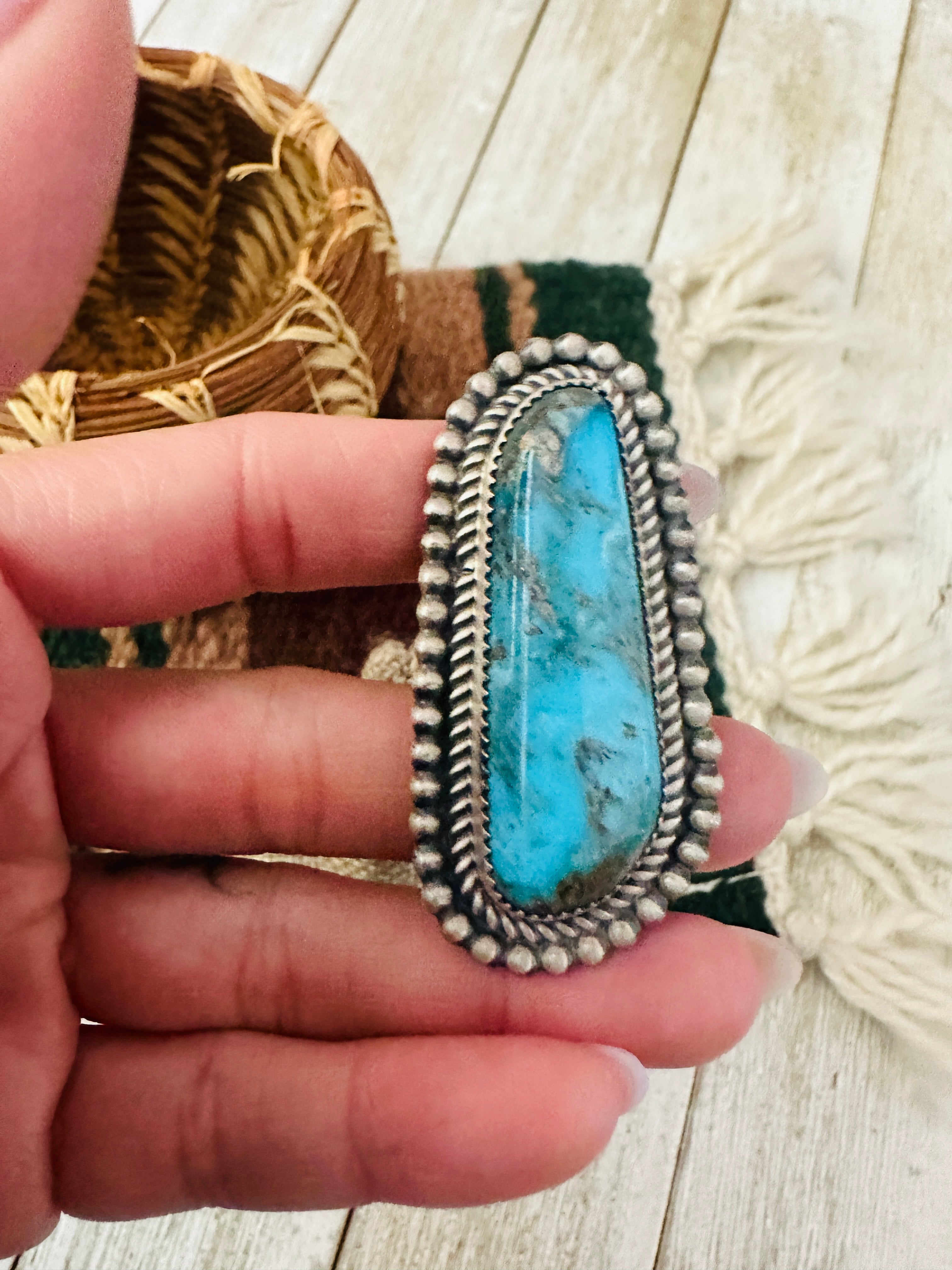 Hand Crafted Turquoise & Sterling Silver Ring Size 10 by Leslie Nez