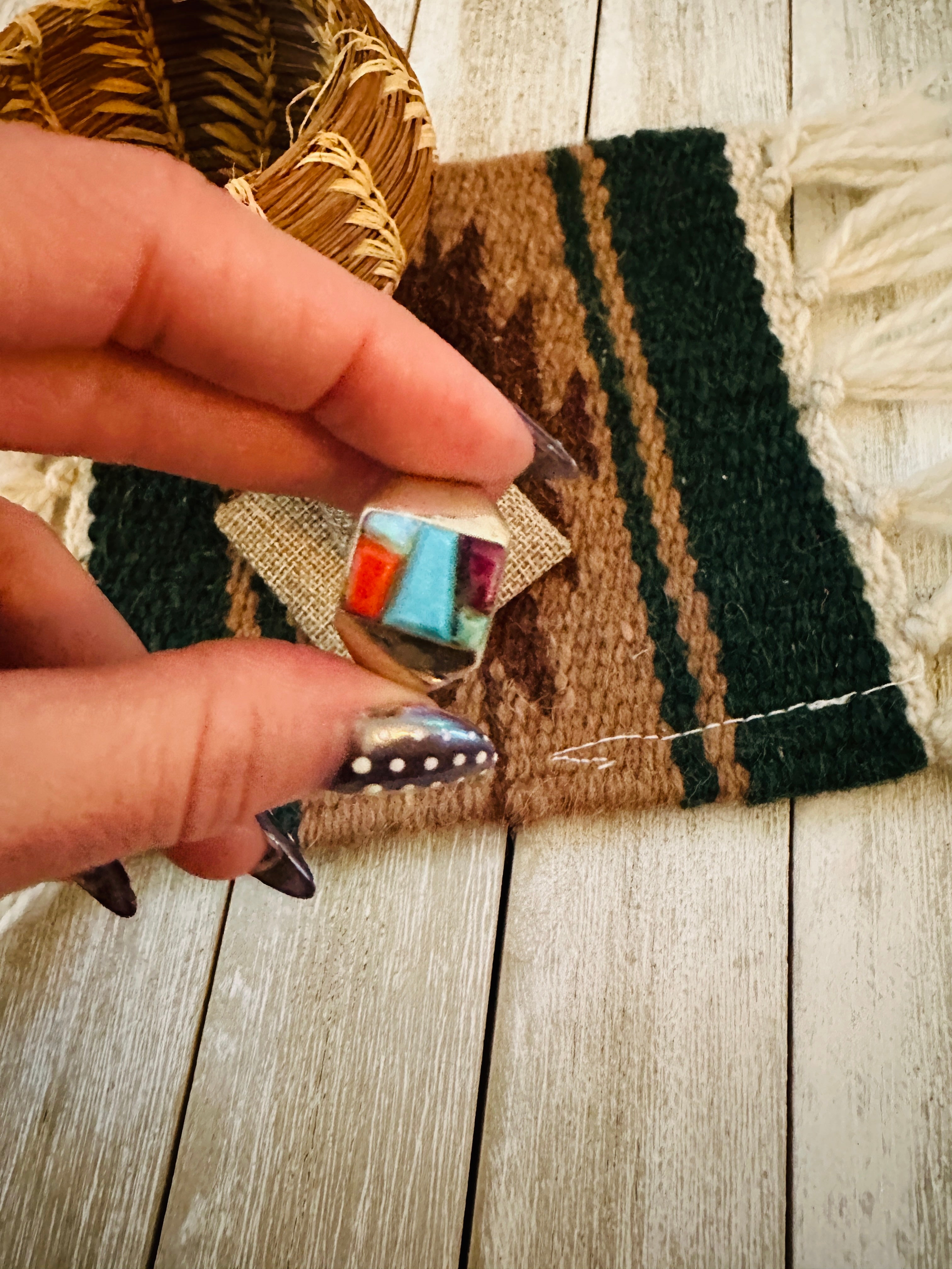 Old Pawn Handcrafted Multi Stone & Sterling Silver Inlay Ring Size 11