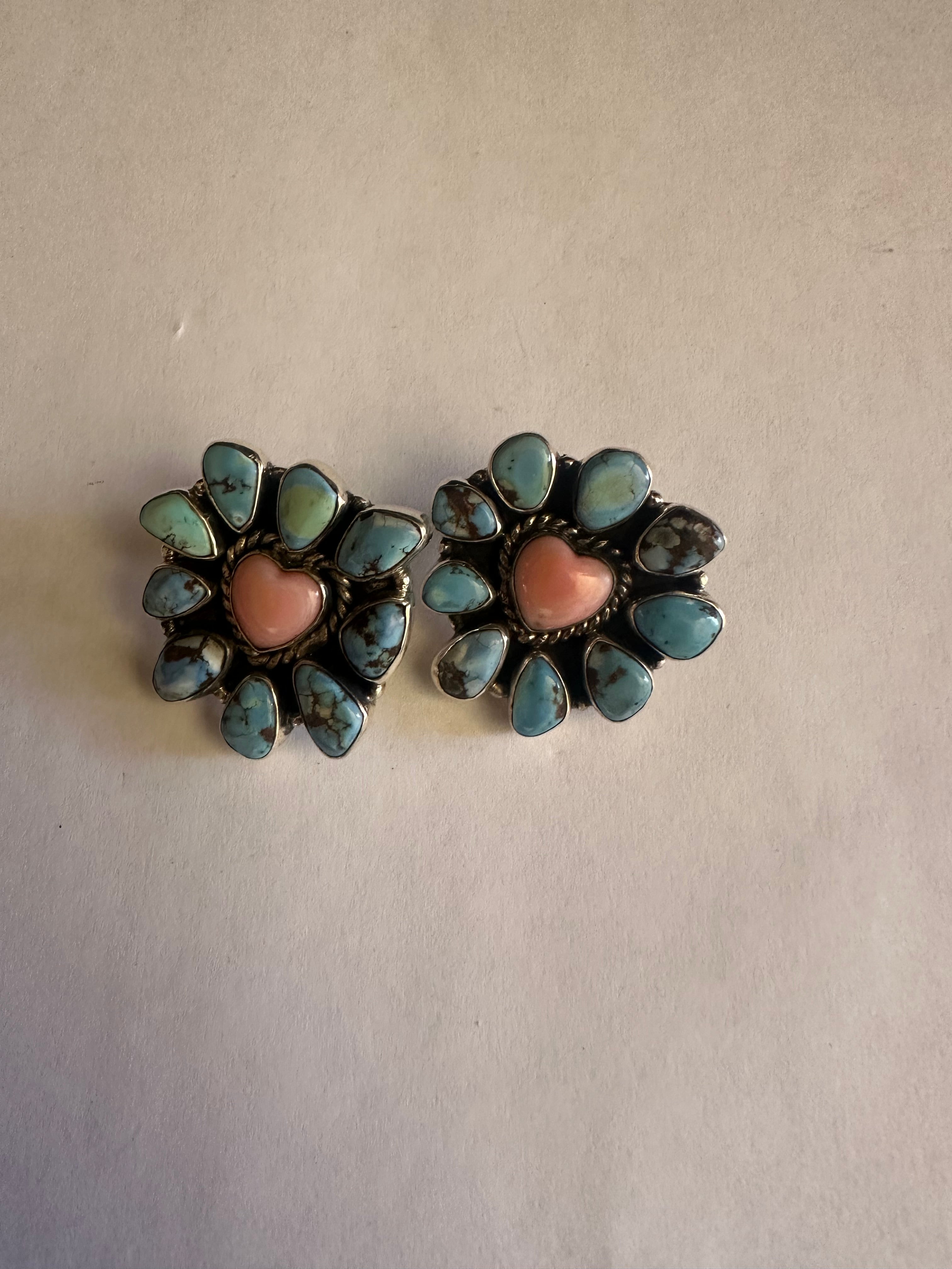 Handmade Natural Golden Hills Turquoise, Pink Conch and Sterling Silver Earring